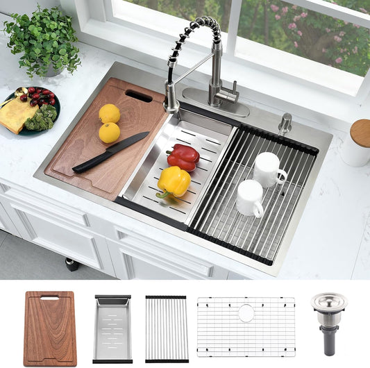 33x19 Drop In Kitchen Sink Workstation-Bokaiya Stainless Steel Kitchen Sinks Drop In 33 Inch Deep Workstation Top Mount 16 Gauge Single Bowl Drop In Sink Kitchen with Cutting Board