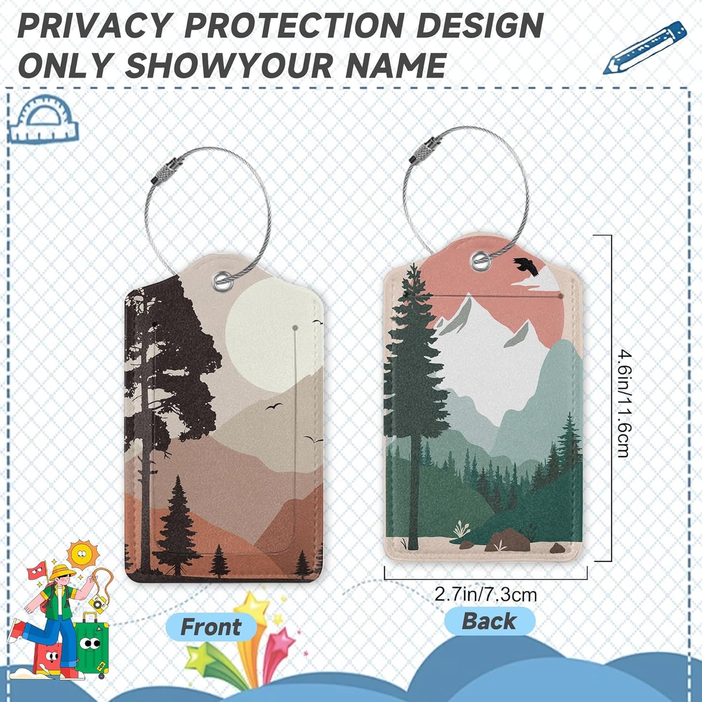 2 Pack Luggage Tag for Suitcase, Landscape Pine Trees Mountains Leather Bag Tags Identifiers Privacy Cover ID Label with Durable Steel Loop for Women Men Kids Girls Travel