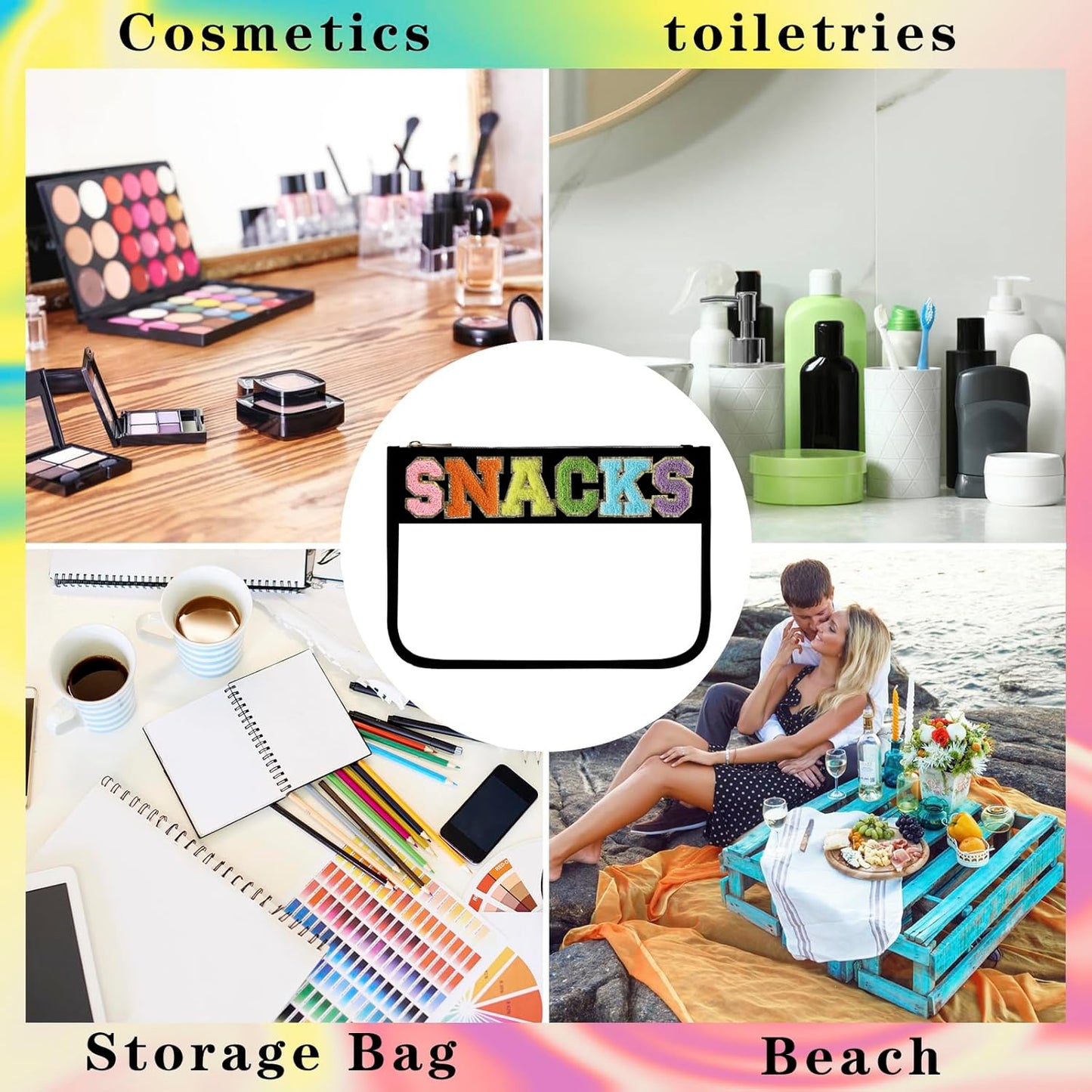 DYSHAYEN Chenille Letter Clear Zipper Pouch for Travel,Nylon Clear Cosmetic Bag,Makeup Travel Bag for Women Girls 11.8 Inches x 8.2 Inches