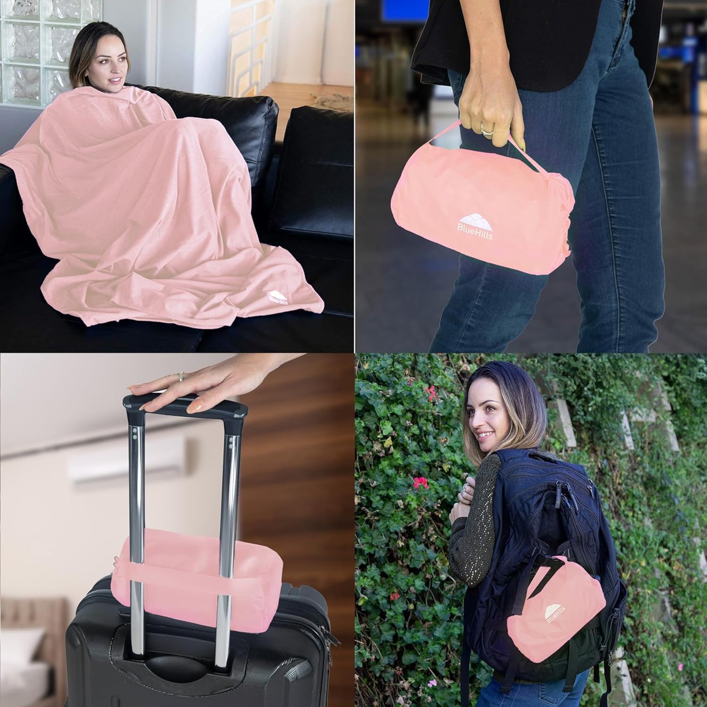 BlueHills Ultra Compact Travel Blanket Pillow in Portable Bag Case Soft with Strap Backpack Clip Premium Cozy Soft Compact Pack Large Blanket for Airplane Flight Layover - (Pink C006, 70 x 56 inch)