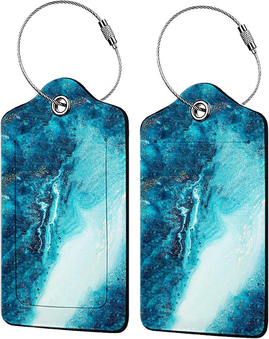 Abstract Ocean Texture Luggage Tags for Suitcases,2 Pack Luggage Tag, Leather Stainless Steel Loop Label Tag for Women Girl Travel Bag Suitcase