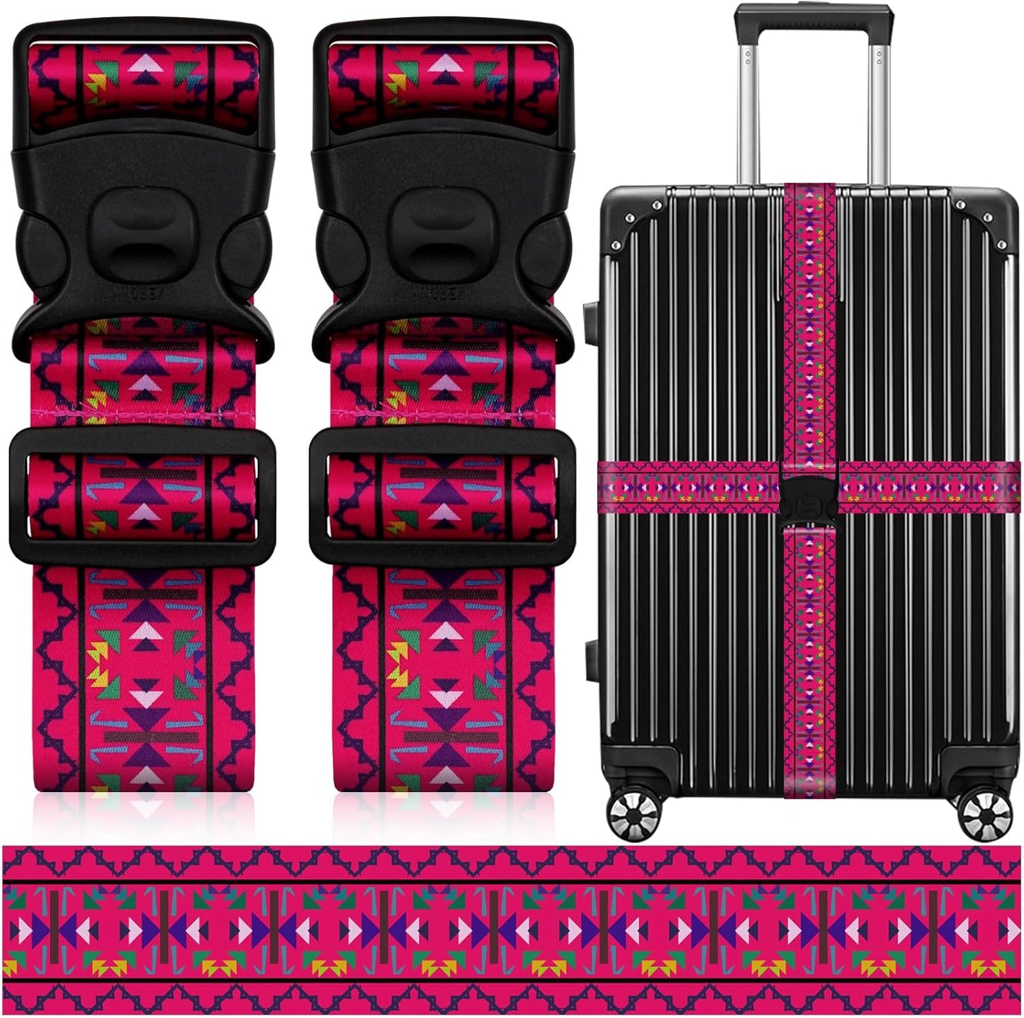 2 Pack Luggage Straps for Suitcases, Adjustable Travel Belt with Double Lock and Quick Release Buckle, Heavy Duty Nylon Bag Packing Strap, Bright Identifiers Business Travel Accessories-Pink Totem