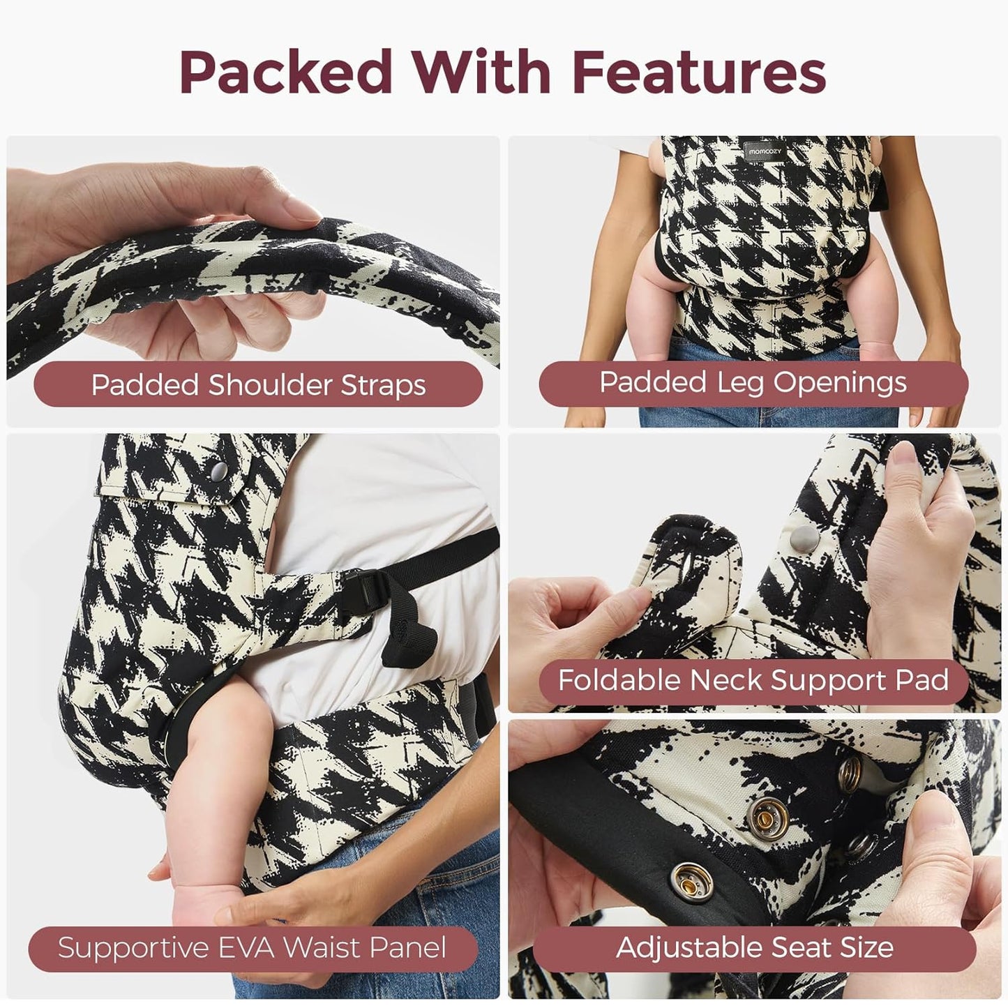 Momcozy Baby Carrier - Ergonomic, Cozy and Lightweight Carrier for 7-44lbs, Effortless to Put On, Ideal for Hands-Free Parenting, Enhanced Lumbar Support, Houndstooth