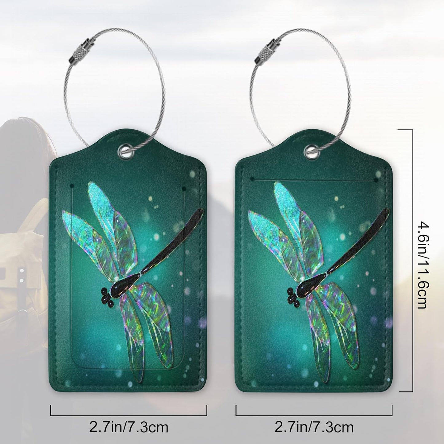 2 Pack Luggage Tag for Suitcase, Dragonfly Leather Suitcase Tags Identifiers with Privacy Name Address Labels & Durable Steel Loop for Women/Men Travel Fantasy Green Dragonfly