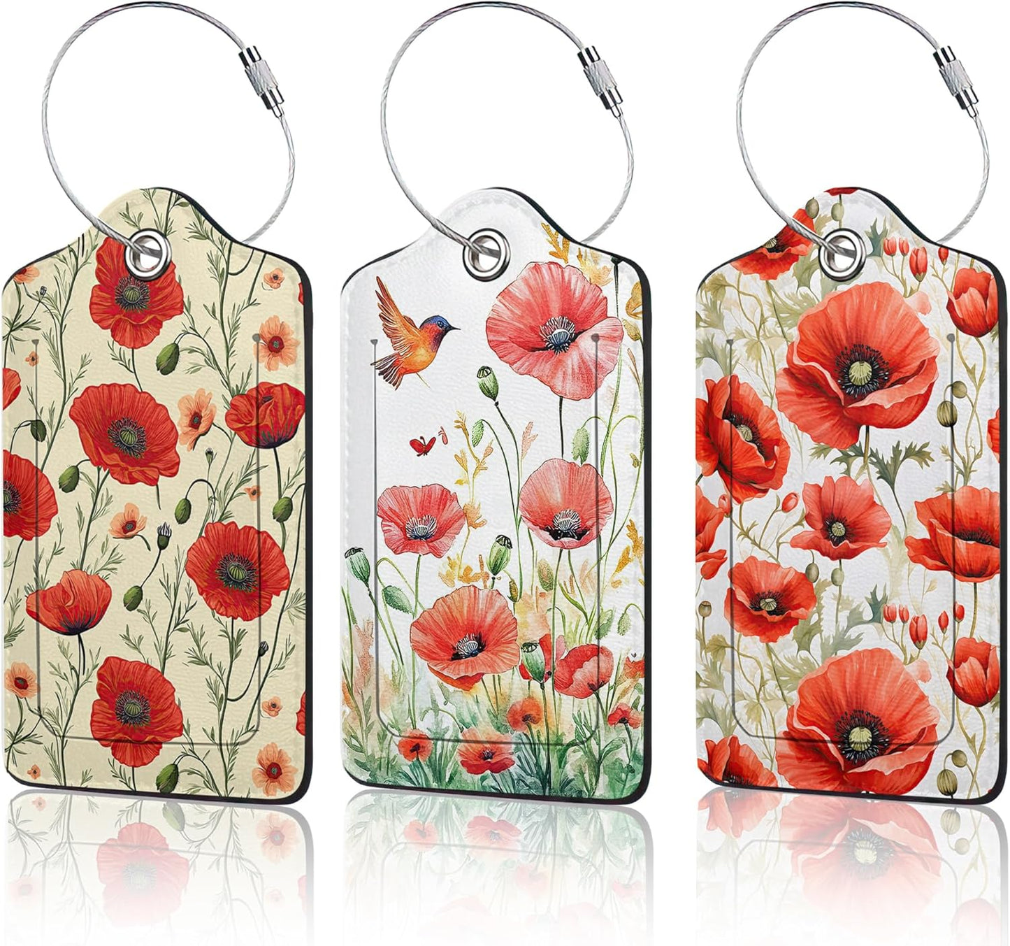 3 PCS Red Poppy Flower Luggage Tags,Suitcase Tags Privacy Cover ID Label with Stainless Steel Loop and Address Card for Travel Bag Suitcase