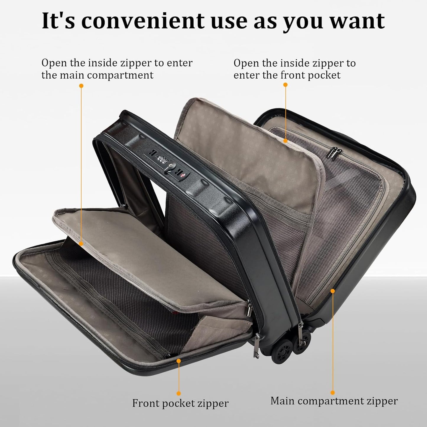 16 Inch Carry On Luggage with 2 Compartments for 14” & 15” Laptop, 16.14*8*17.12” Rolling Briefcase, Lightweight Hardshell ABS+PC Suitcase with Spinner Silent Wheels, for Business Trip, Black