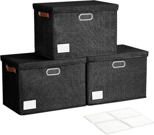 17" Large Collapsible Storage Bins with Lids, Stackable Closet Organizers with PU Handle and Labels, 3-Pack Decorative Fabric Storage Boxes for Home, Bedroom, Closet, Office, Nursery(Black)