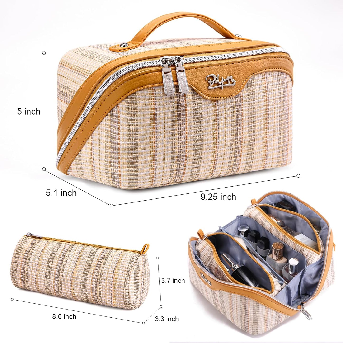 Travel Makeup Bag for Women: Large Capacity Open Flat Make up Bag Set of 3 - Vegan Leather Cosmetic Bag with Compartments - Waterproof Toiletry Bag with Handle & Divider(Gold)