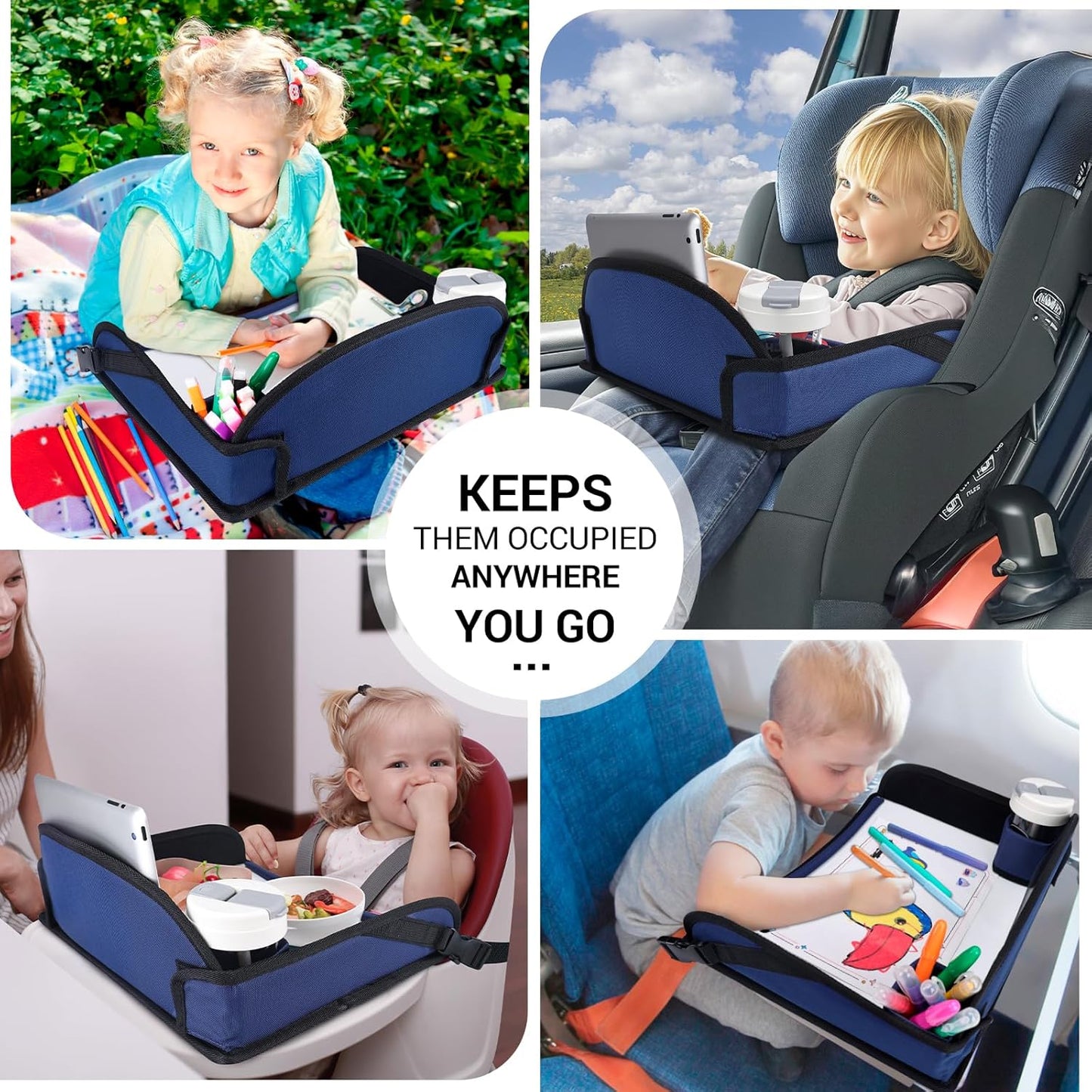 COOLBEBE Kids Travel Tray for Toddler Car Seat, Travel Tray for Airplane, Toddler Car Seat Lap Tray, Carseat Table Tray for Kids Travel Activities (Navy Blue)