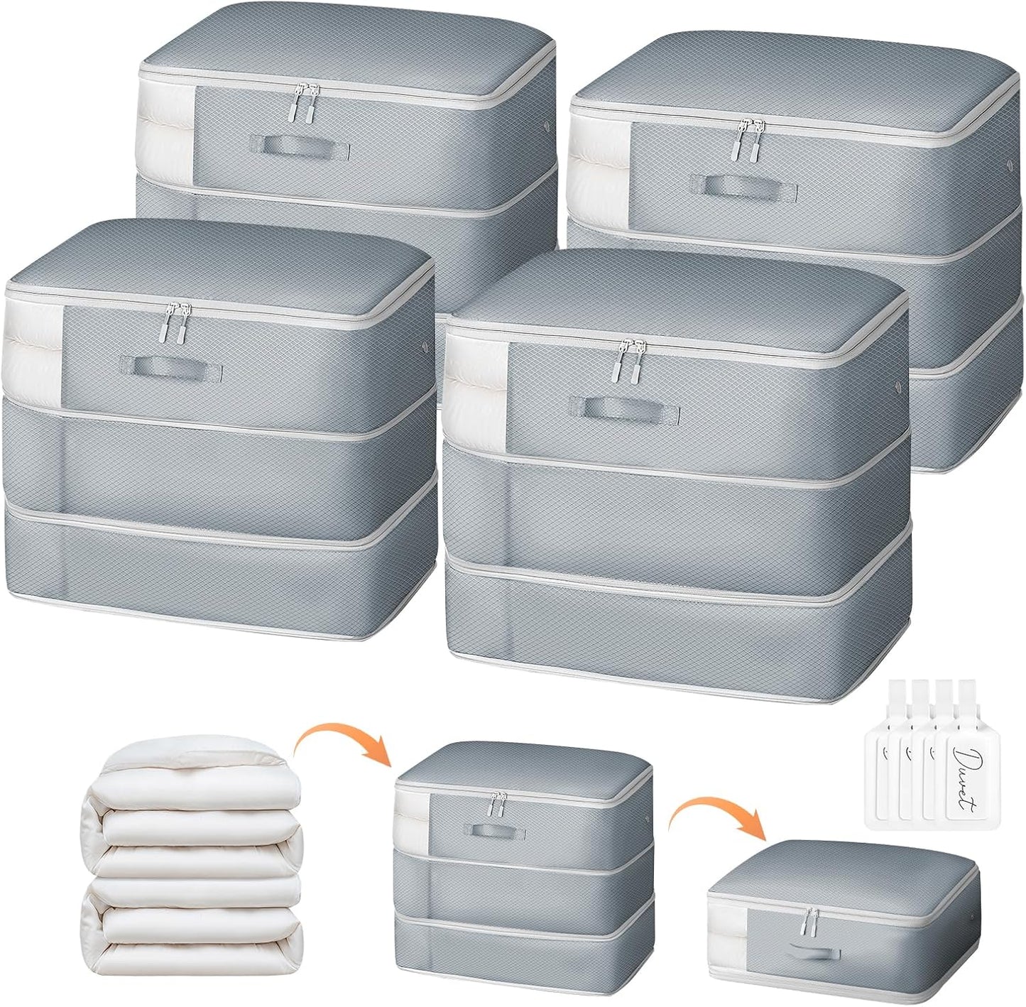 DIMJ Comforter Storage Bag - 110L Ultra Space Saving Self Compression Organize 4 Pack for Duvet, Pillow, Bedding, Blanket Storage Organizer Nylon Compression Bags