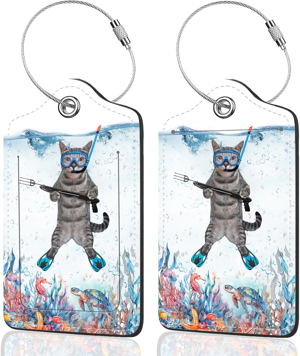 2Pack Luggage Tags for Suitcases, Cute Unique Pu Leather Cruise Luggage Tag with Privacy Cover ID Label Address Card and Metal Ring Suitable for Women Men Kids Travel Bag The Diving Cat