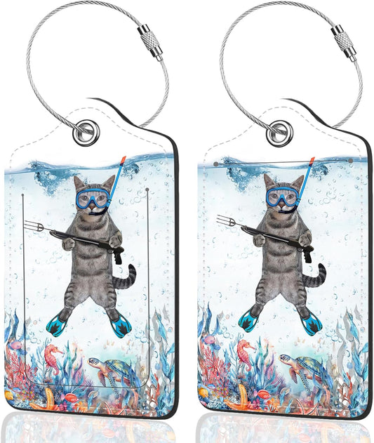 2Pack Luggage Tags for Suitcases, Cute Unique Pu Leather Cruise Luggage Tag with Privacy Cover ID Label Address Card and Metal Ring Suitable for Women Men Kids Travel Bag The Diving Cat