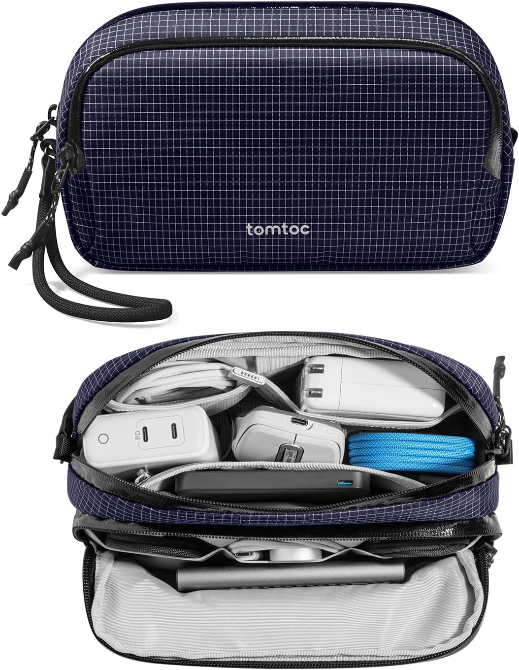 tomtoc Electronic Organizer Travel Case Performance, Water Resistant Dual Compartment Cable Organization Storage Bag for Charger, Cord, Phone, Hard Drive, Power Bank, Accessories Travel Essentials
