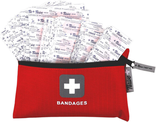 Thrive Bulk Bandages Variety Pack - 305 Count, Red - Travel Fabric & Waterproof Adhesive Bandages & Band Aids with Zipper Pouch