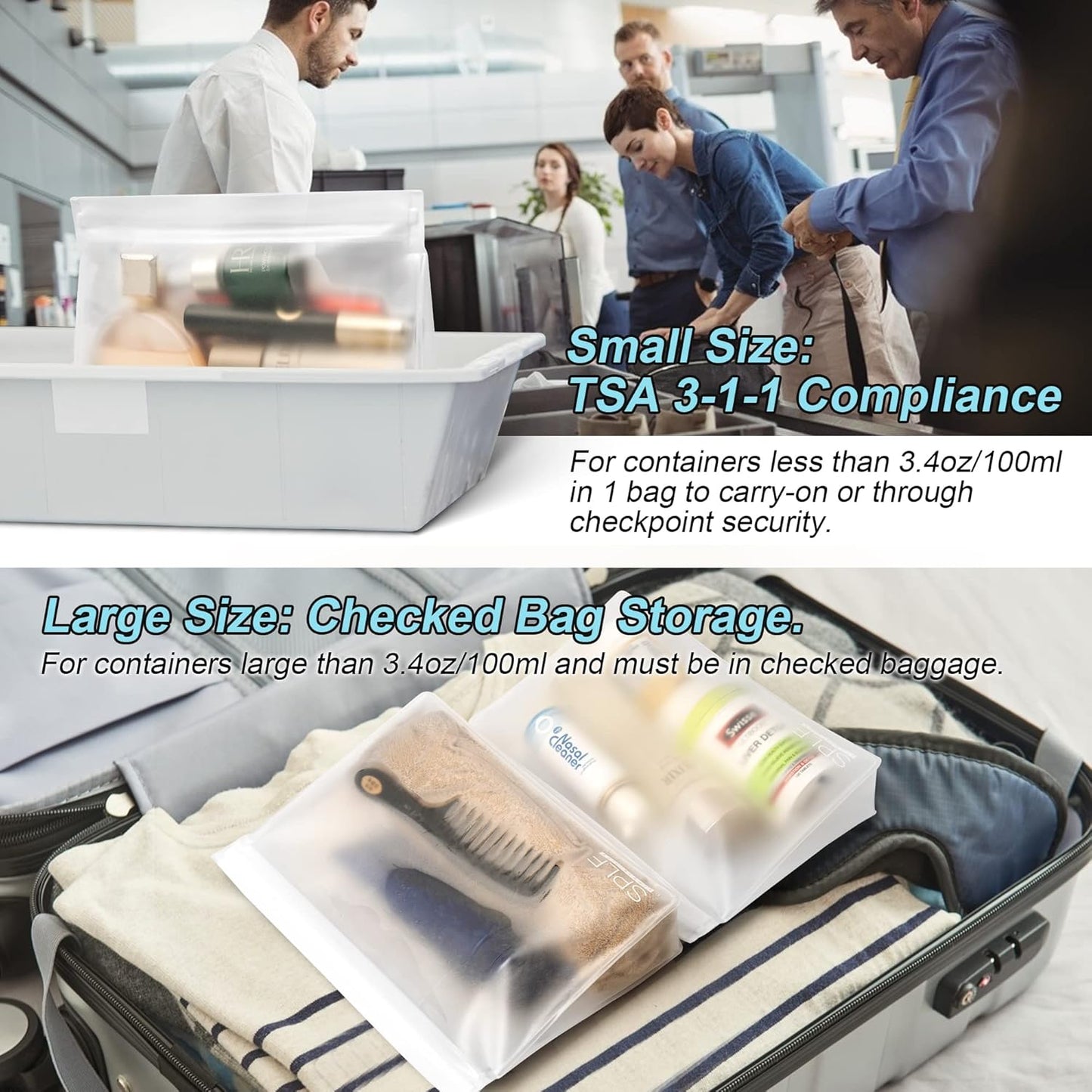 SPLF 3 Pack Leakproof Clear Toiletry bags, TSA Approved Quart Size Zipper Bags, BPA Free Travel Makeup Cosmetic Bags for Women Men, Carry on Airport Airline Compliant Bags-White