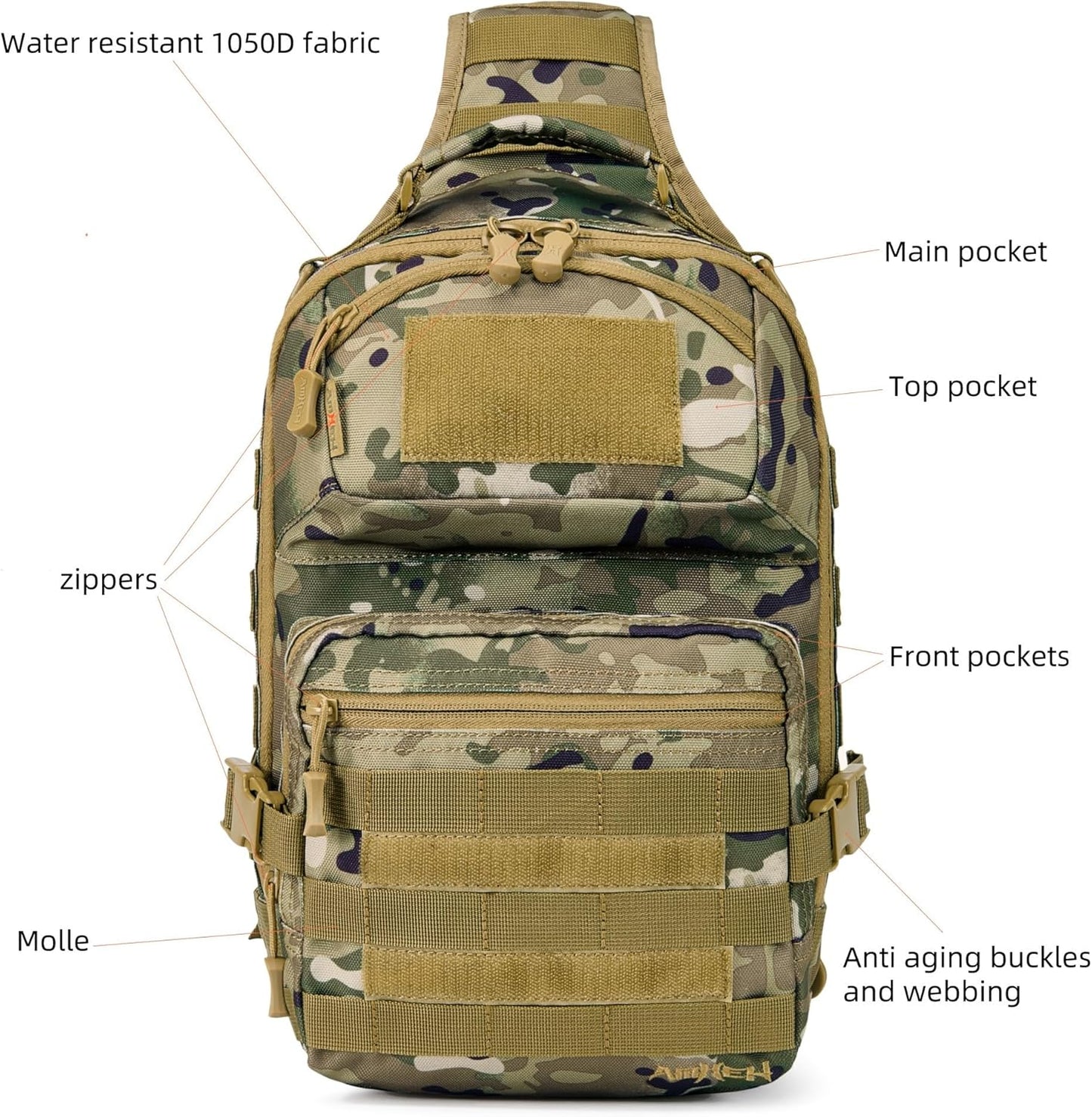 15L Tactical Crossbody Sling Bag | Everyday One Shoulder Backpack Fit 12 Inch Laptop, Molle, Daily Use, Travel, Hiking (Camo)