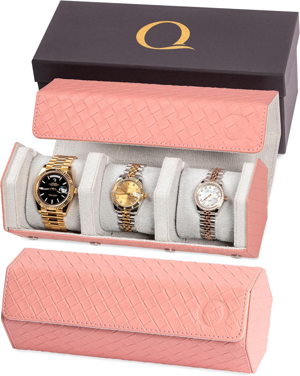 Ladies Leather Watch Rolls for Women - Hexagon Triple Watch Roll Travel Case for 3 Watches - Storage Organizer Genuine Leather with Velvet Interior Display (Woven Pink/Gray)