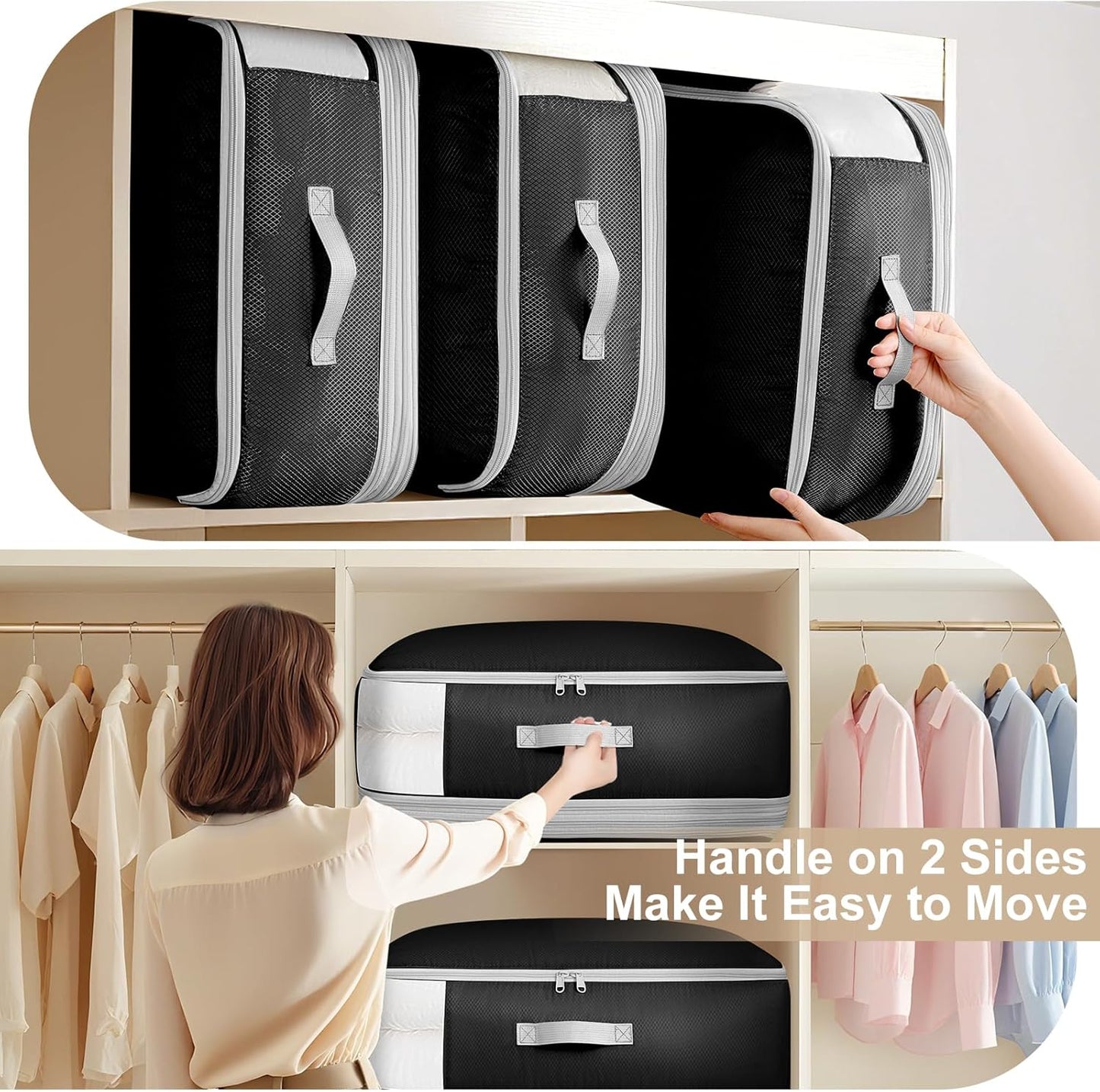 Comforter Storage Bag - 130L Large Capacity Blanket Storage Bags 4-Layer Ultra Space Saving Self Compression Organizer, Washable Compression Bags for Storage Comforter Blanket, 2-Pack, Black