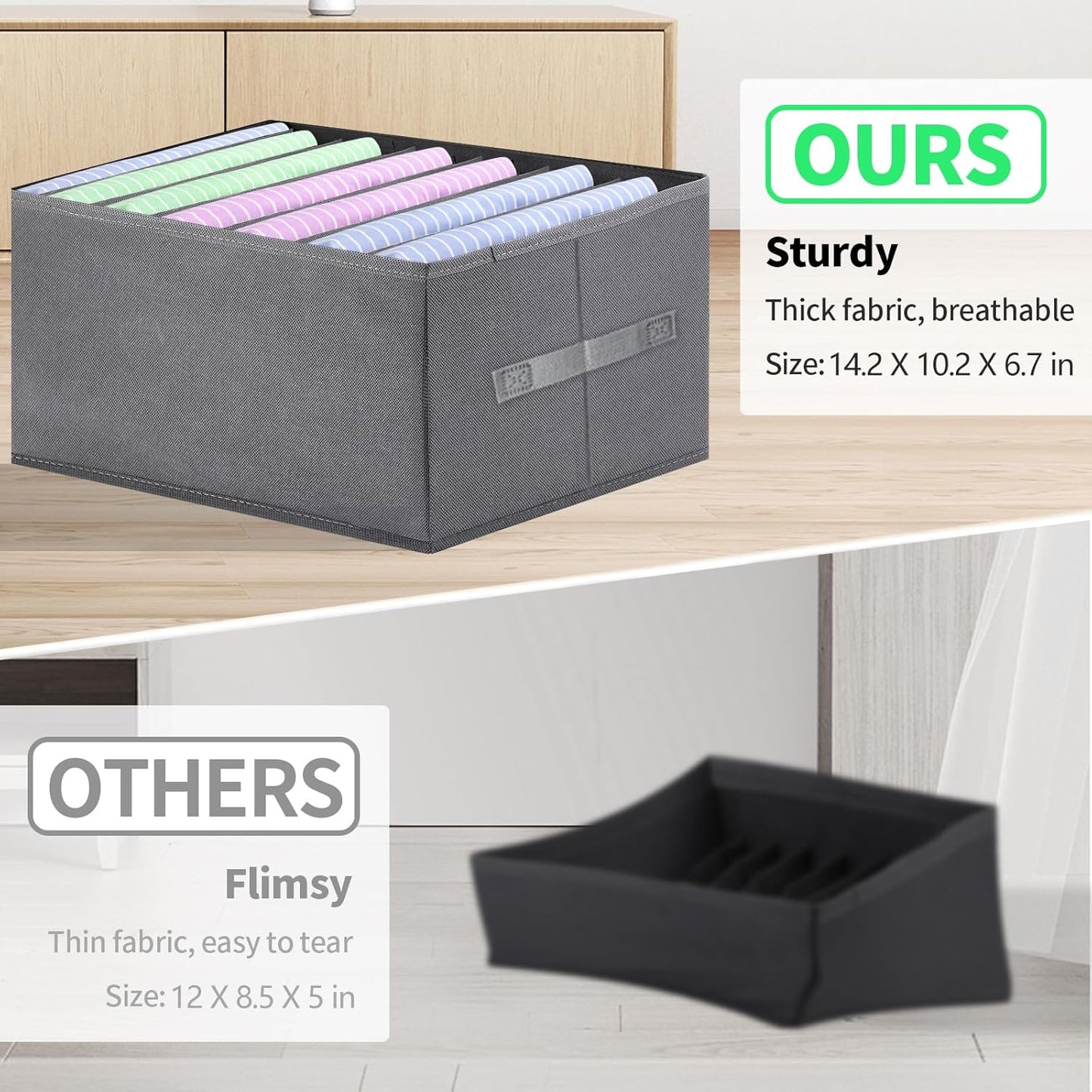 Jeans Organizer for Closet, Foldable Wardrobe Clothes Organizer with Handle, Stackable Closet Clothes Drawer Organizer Tshirts with 7 Grids for Leggings, Sweater, Jean, Pants, Grey (6 PACK)