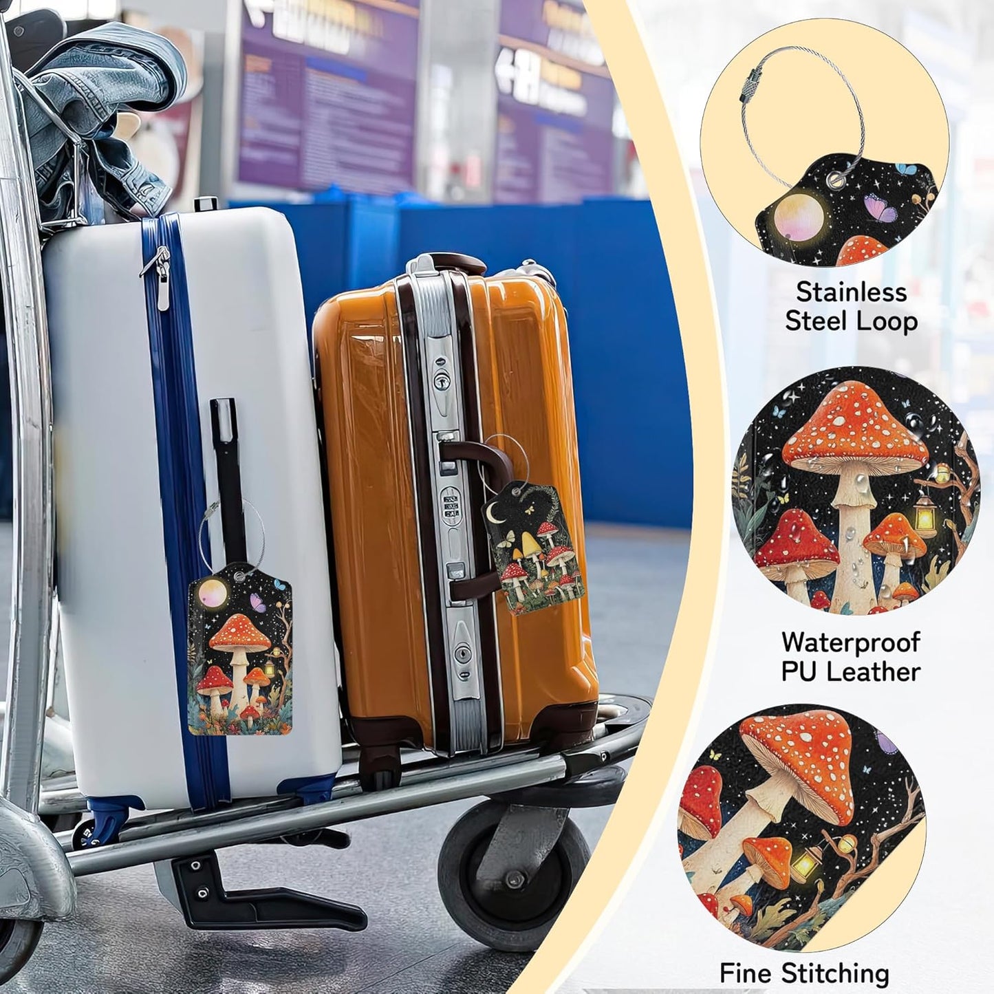 3 PCS Mushroom Luggage Tags,Colorful Butterfly Moon Star Suitcase Tags Privacy Cover ID Label with Stainless Steel Loop and Address Card for Travel Bag Suitcase