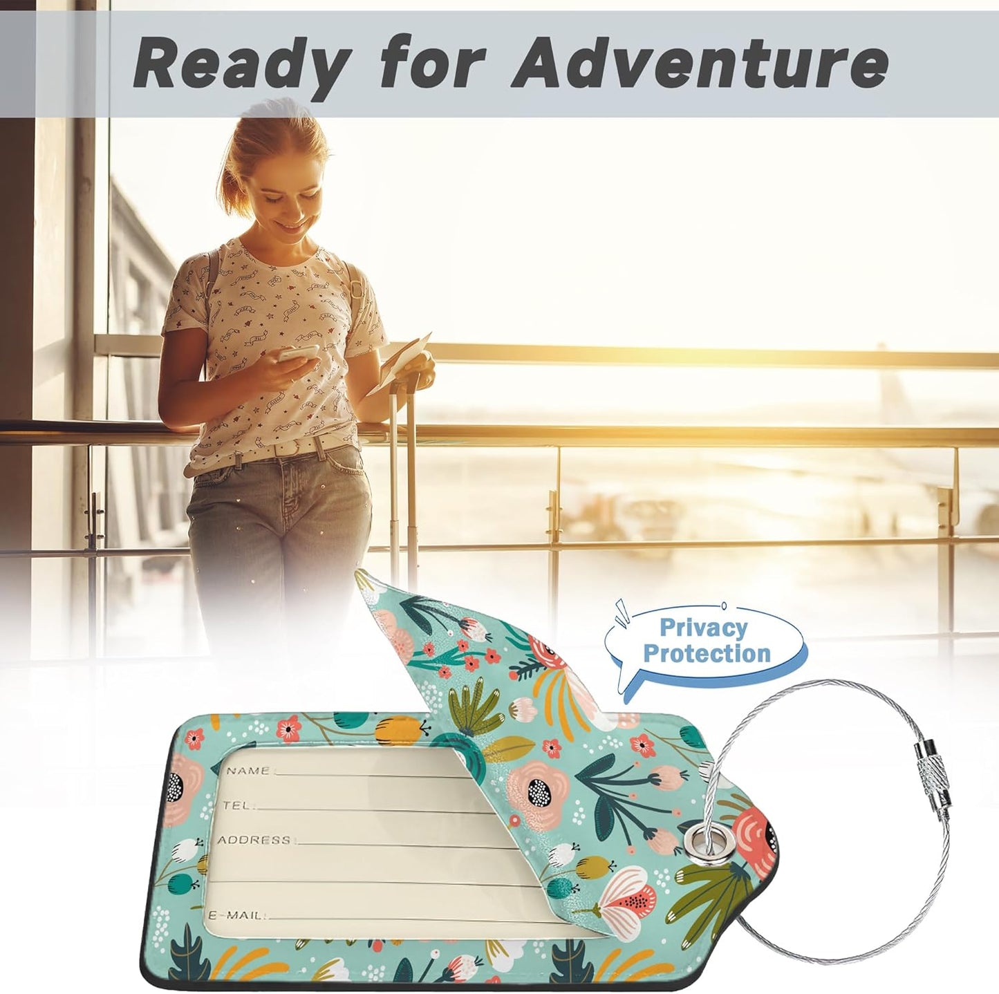 2 Pack Leather Luggage Tag for Suitcase Spring Flowers Leaves Berries Unique Travel Tags with Privacy Cover ID Label & Stainless Steel Loop for Men and Women Baggage