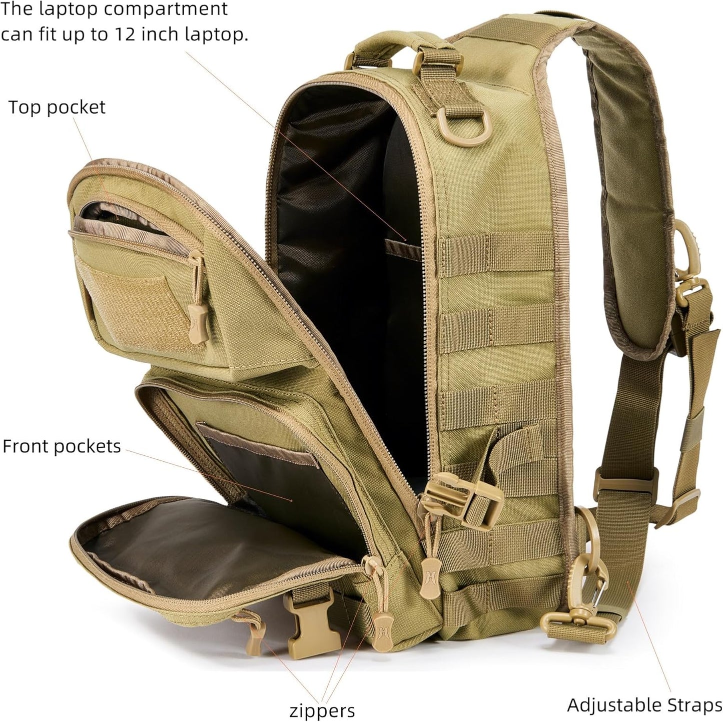 15L Tactical Crossbody Sling Bag | Everyday One Shoulder Backpack Fit 12 Inch Laptop, Molle, Daily Use, Travel, Hiking (Tan)