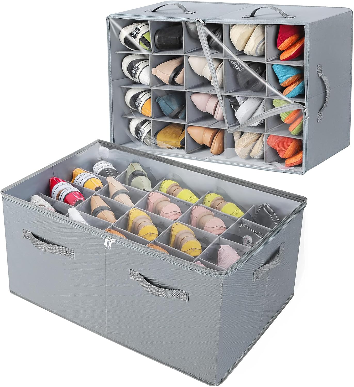 Shoe Organizer for Closet 2 Pack, Foldable Shoe Box with Adjustable Dividers and Clear Cover, Space Saving Shoe Storage Organizer Cabinet with Reinforced Handles, Fits 40 Pairs, Gray, TP11G