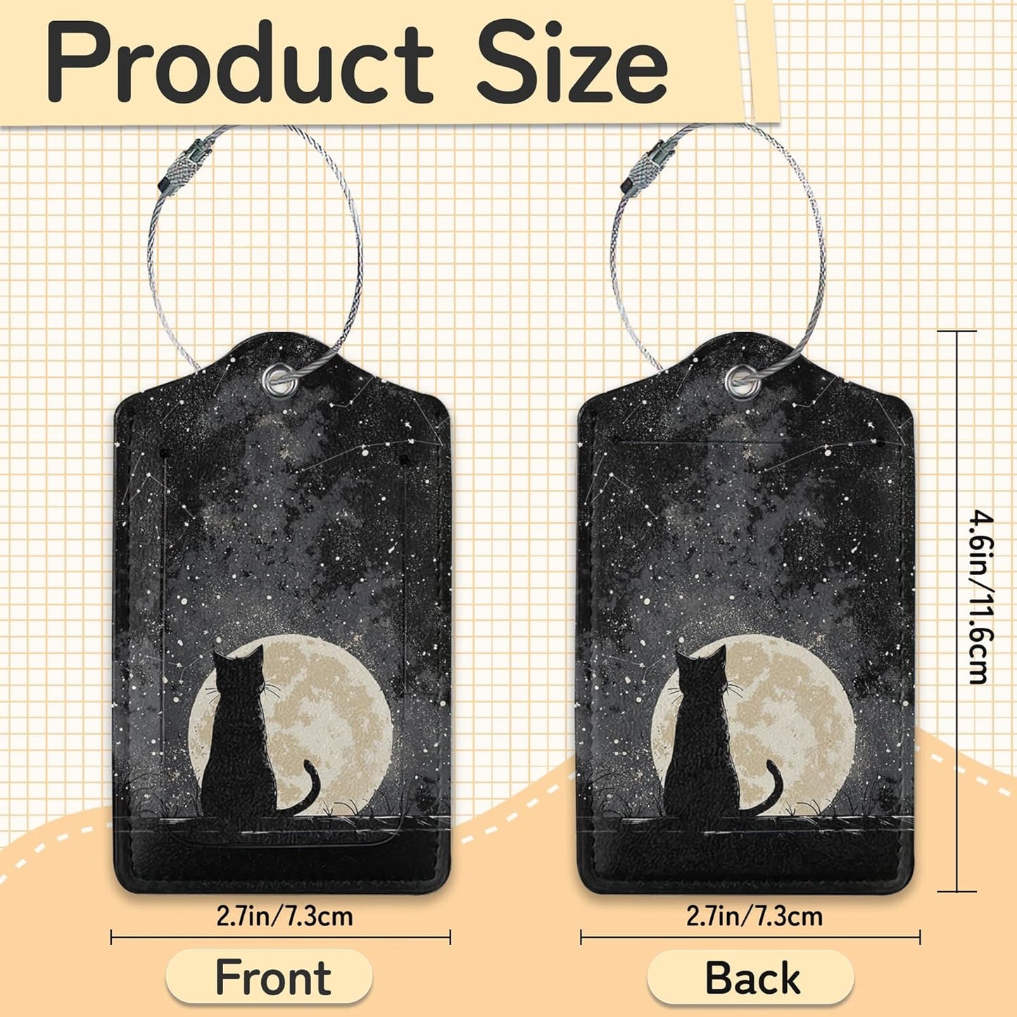 3 Pack Black Cat Luggage Tags for Suitcases, Moon Night Cute Leather Name Tag with Privacy Cover with Stainless Steel Loops, Travel ID Bag Tags for Women Men
