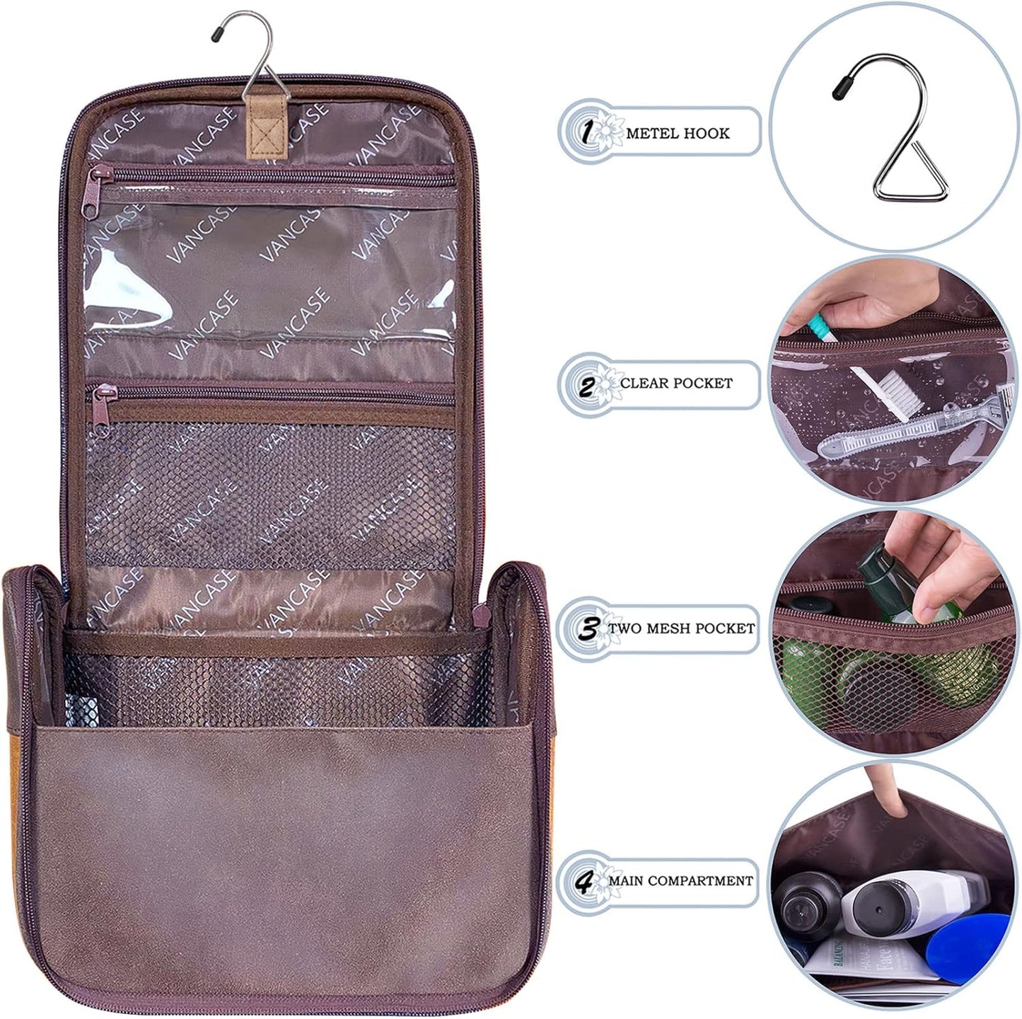 Hanging Toiletry Bag for Men VANCASE Vintage Leather Shaving Dopp Kit Medium Waterproof Travel Bathroom Bags Portable Shower Organizer