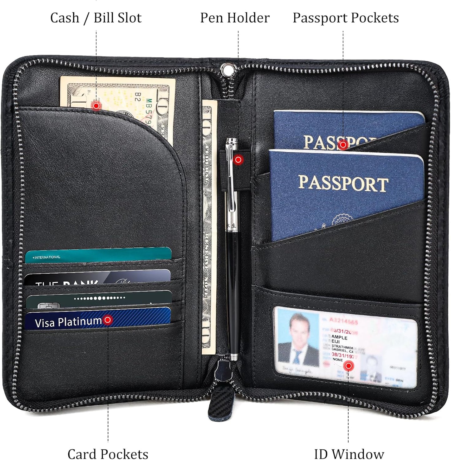 Polare Full Grain Leather Passport Holder With YKK Zipper RFID Blocking Travel Document Organizer Ticket Holder Cover Case Holds 2 Passports (Carbon Black)