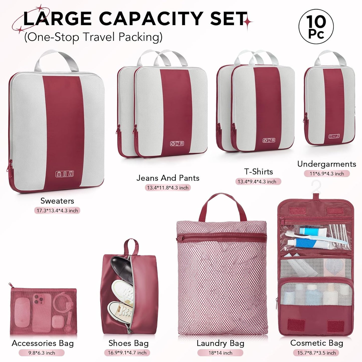 10 Set Compression Packing Cubes for Travel Essentials,Compressible Expandable Packing Cubes for Suitcase,OlarHike Luggage Organizer Bags for Travel,Handy Helper for Organizing Clothes(Wine Red)