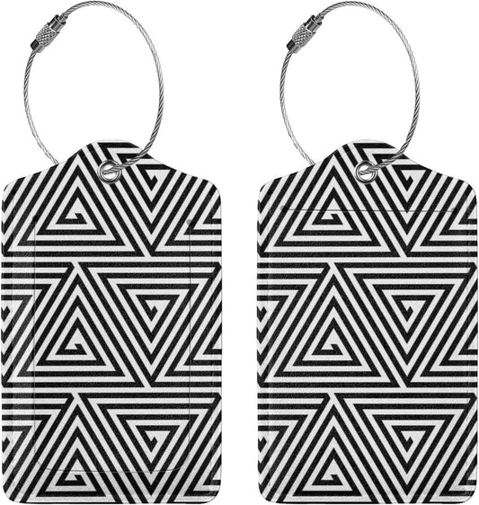 2 Pcs Black and White Abstract Patterns Luggage Tag for Suitcase, Seamless Geometric Triangles Birthday Gift, Steel Loop with Privacy Cover ID Label