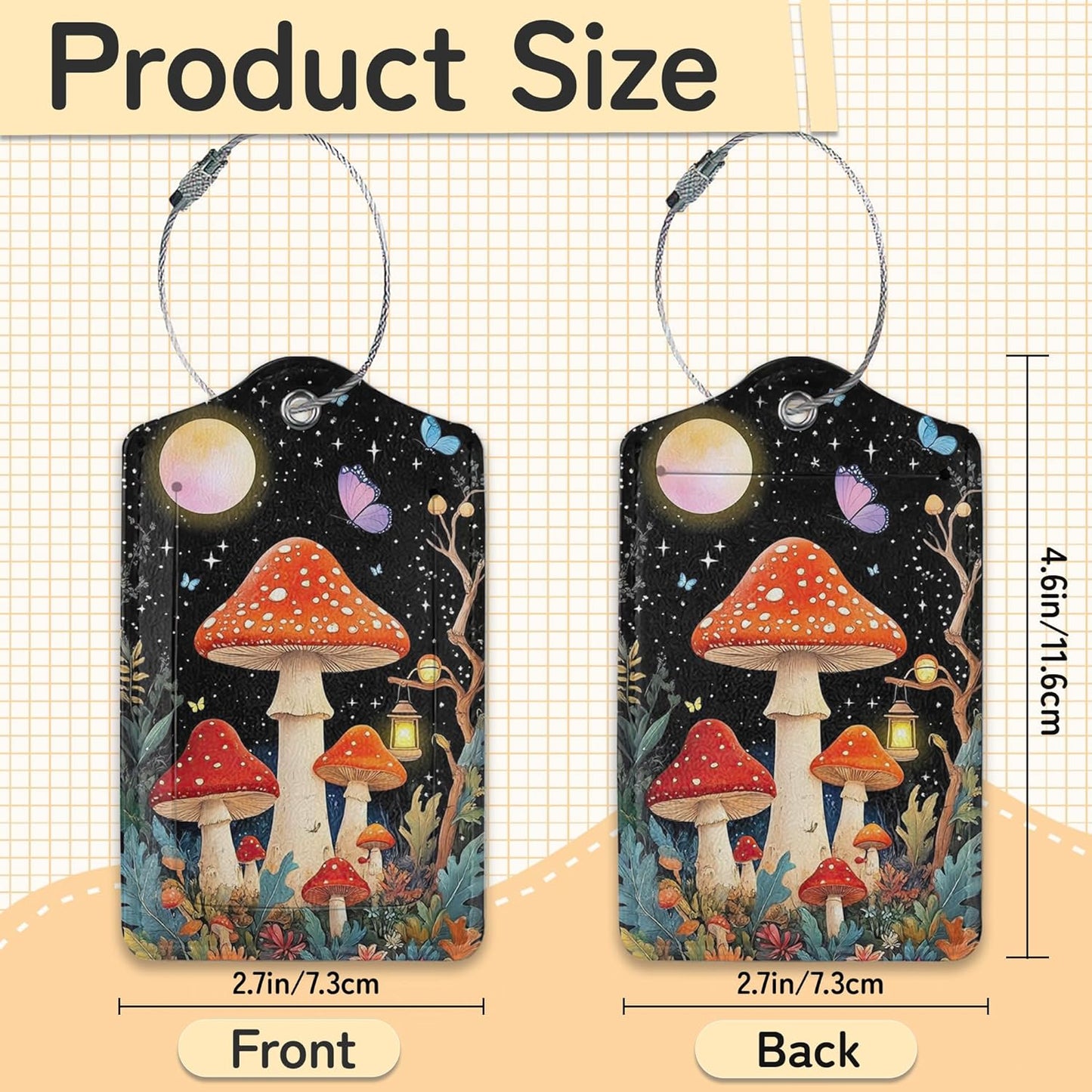 3 PCS Mushroom Luggage Tags,Colorful Butterfly Moon Star Suitcase Tags Privacy Cover ID Label with Stainless Steel Loop and Address Card for Travel Bag Suitcase