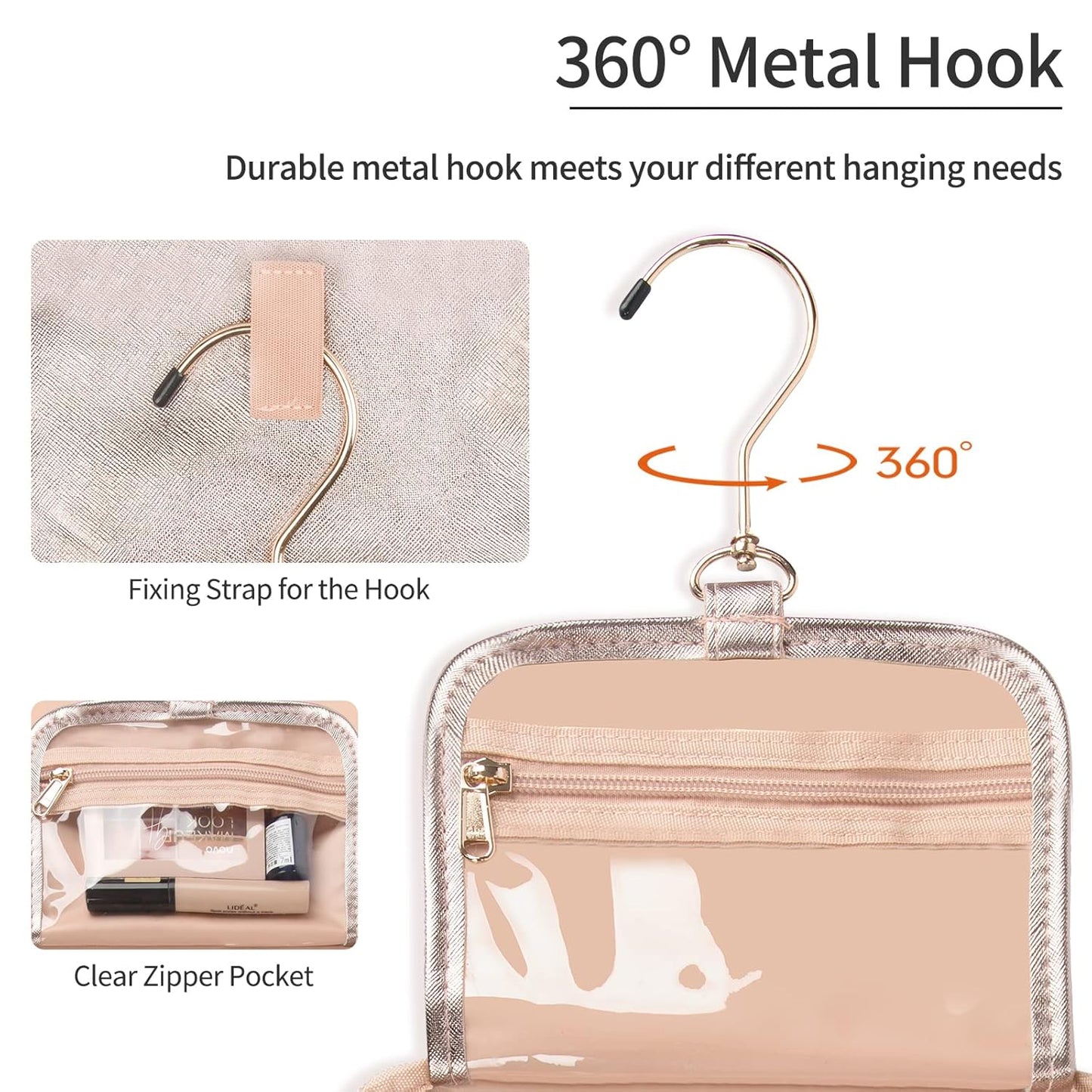 Toiletry Bag for Women - Hanging Travel Toiletry Bag with 360° Hook 3 Compartments Makeup Organizer with Portable Handle PU Leather Water-resistant Cosmetic Pouch