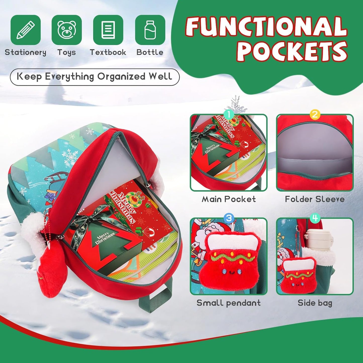 SUN EIGHT Kids Christmas Backpack – Glow in the Dark Santa & Reindeer Design, Lightweight Waterproof School Bag with Plush Stocking Charm & Gift Bag – Perfect Holiday Present for Boys and Girls