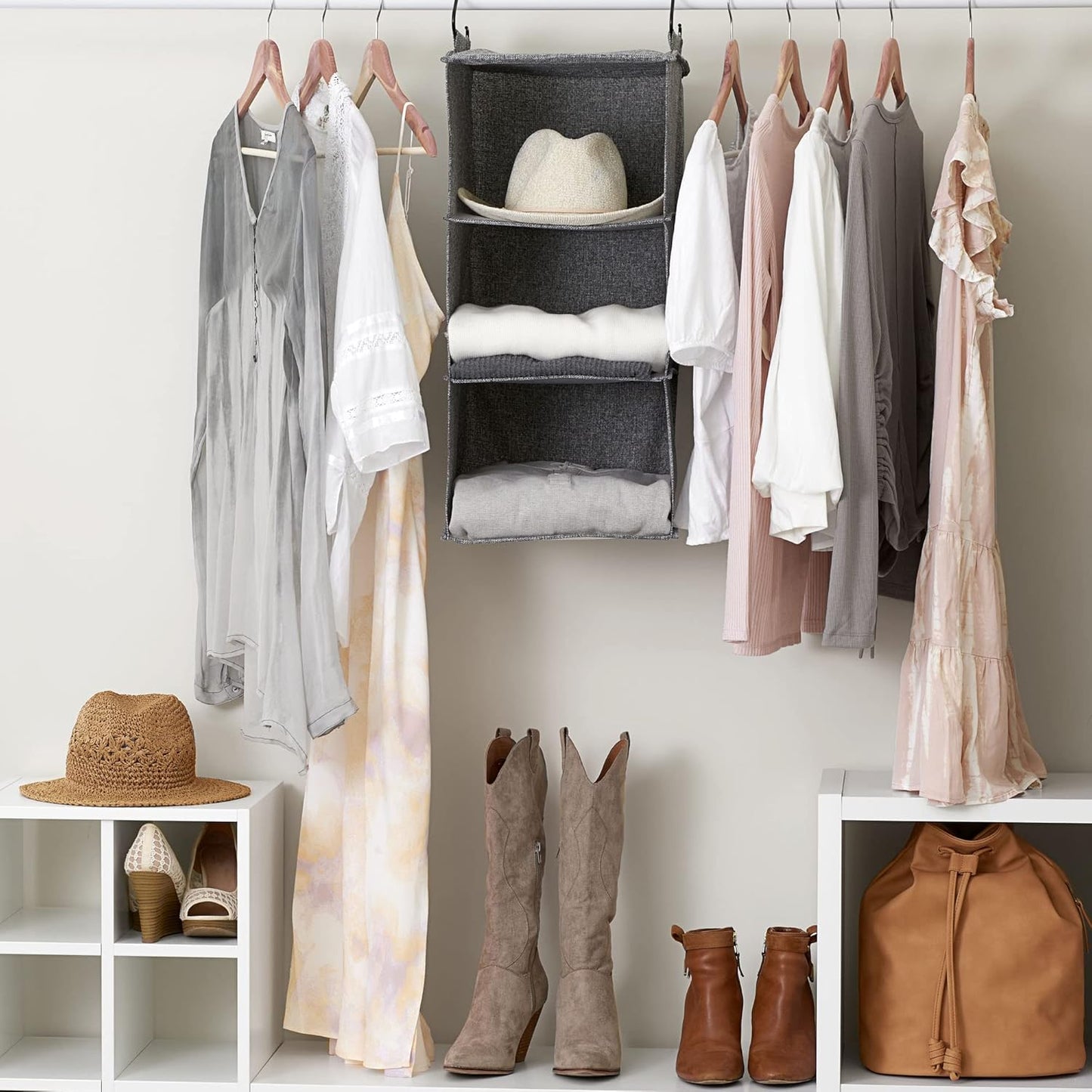 Household Essentials 3 Shelf Hanging Closet Organizer, Hanging Shelf with Hooks, Poly Linen and PEVA Shelving