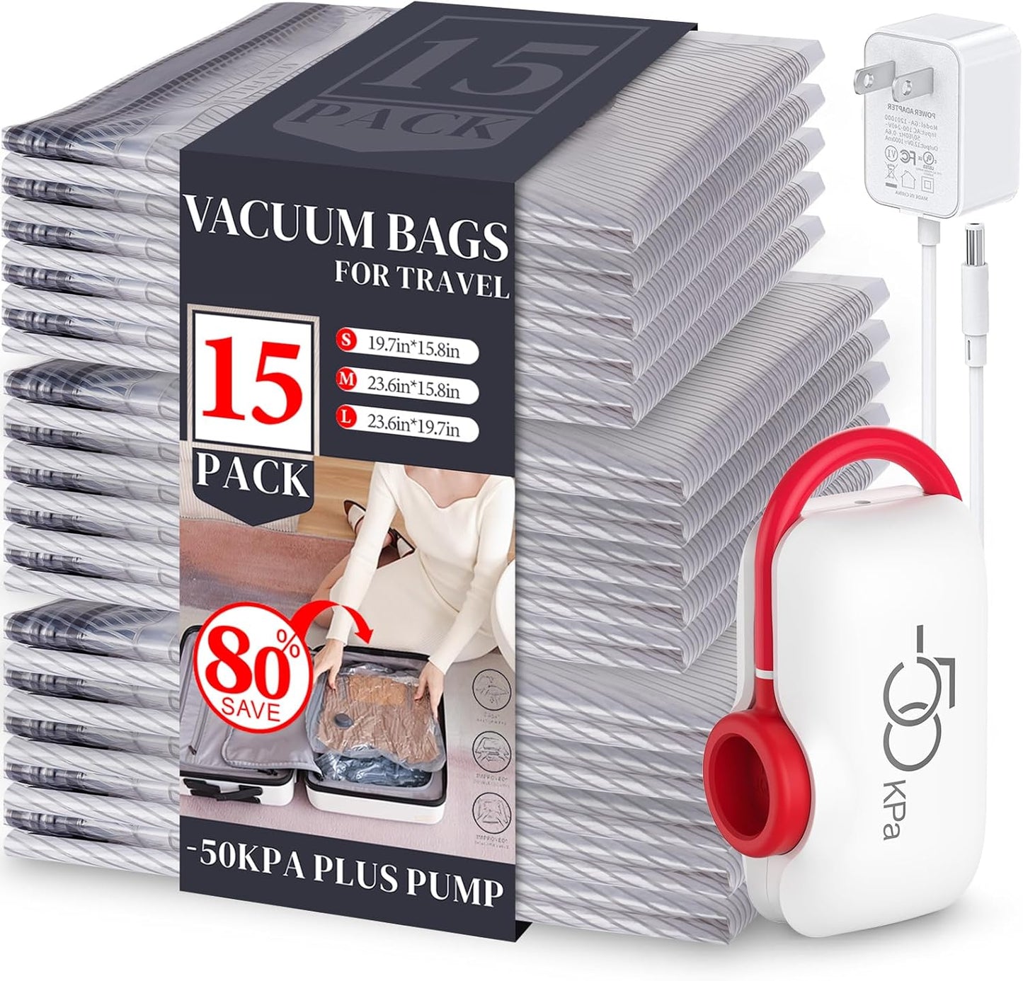 VMstr 15 Pack Travel Vacuum Storage Bags With High Pressure Electric Pump(D/C Power), Compression Sealing for Clothes and Clothing Luggage Suitcase Packing, Carry-on Travel Size