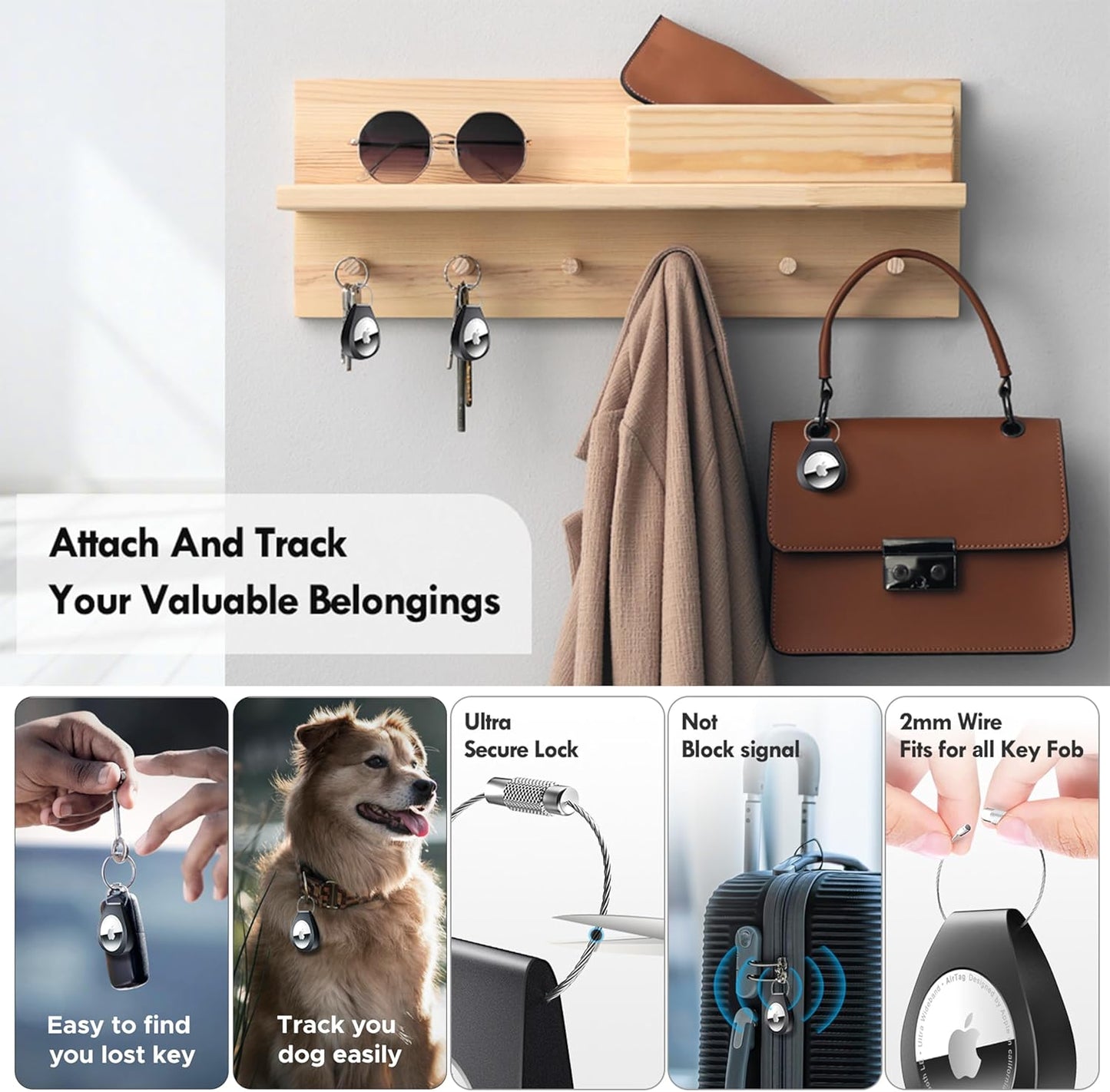 2 Pack AirTag Holders with Keychain - Secure Airtag Lock Case with Wire Cable Compatible with Apple AirTags for Keys, Luggage, Dog Collar, Backpack & More (Black)