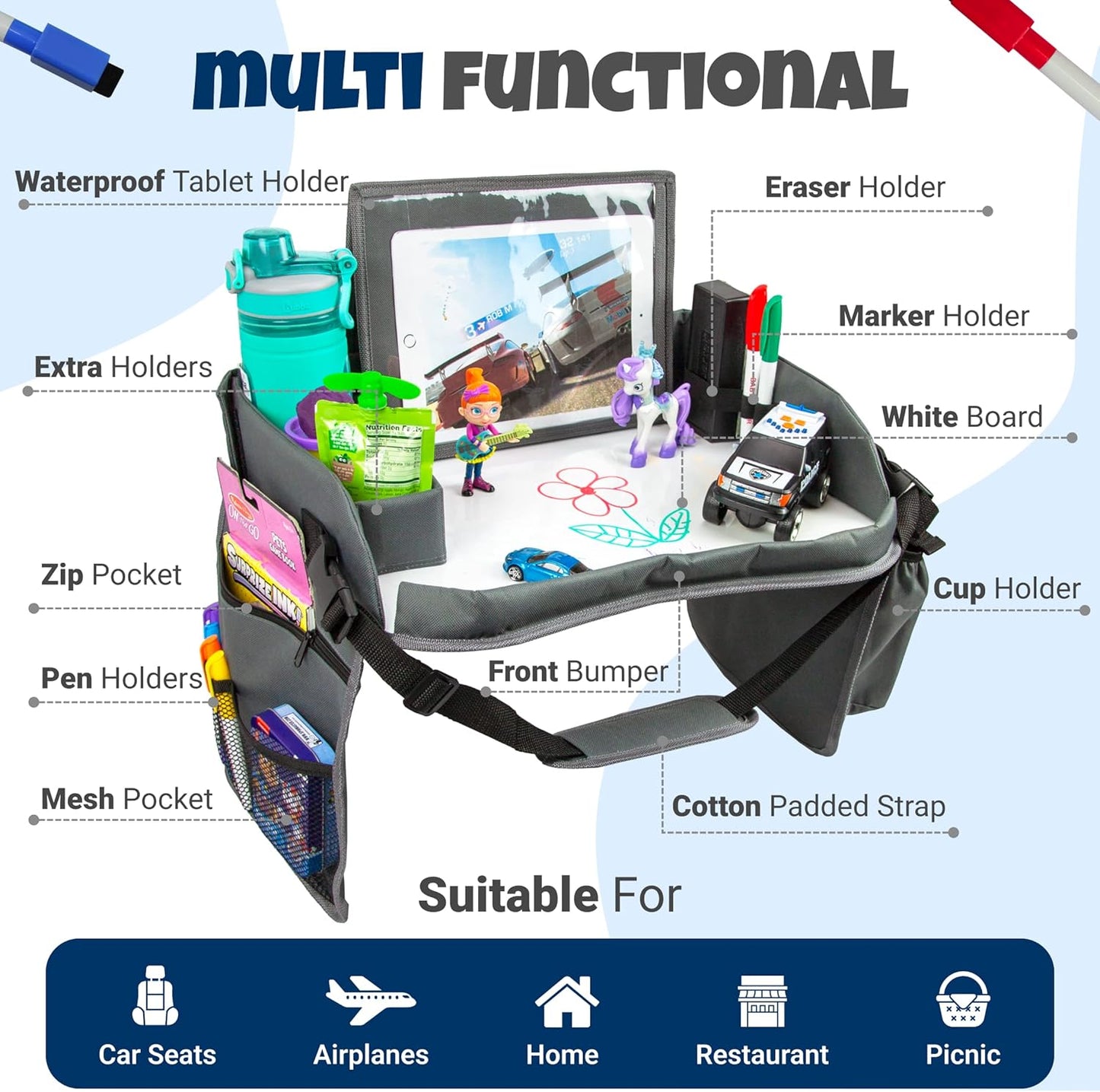 Kids Travel Tray with Dry Erase Board - Car Seat Tray for Kids Travel, Carseat Table Top for Toddler, Lap Desk for Car Seat, Activity Organizer & Snack Holder, Road Trip Essentials for Kid (Gray)