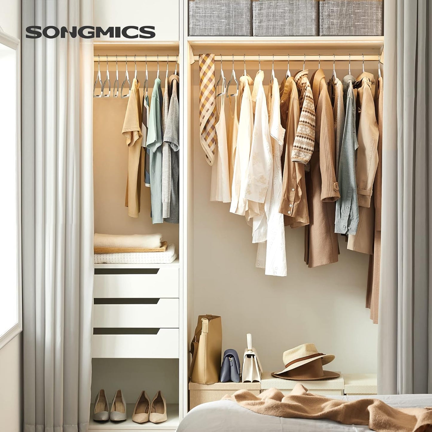 SONGMICS Clothes Hangers, Pack of 50 Plastic Coat Hangers, Space-Saving, 0.2 Inches Thick, 17.7 Inches Wide, 360° Swivel Hook, Cloud White and Dark Gray UCRP050W50