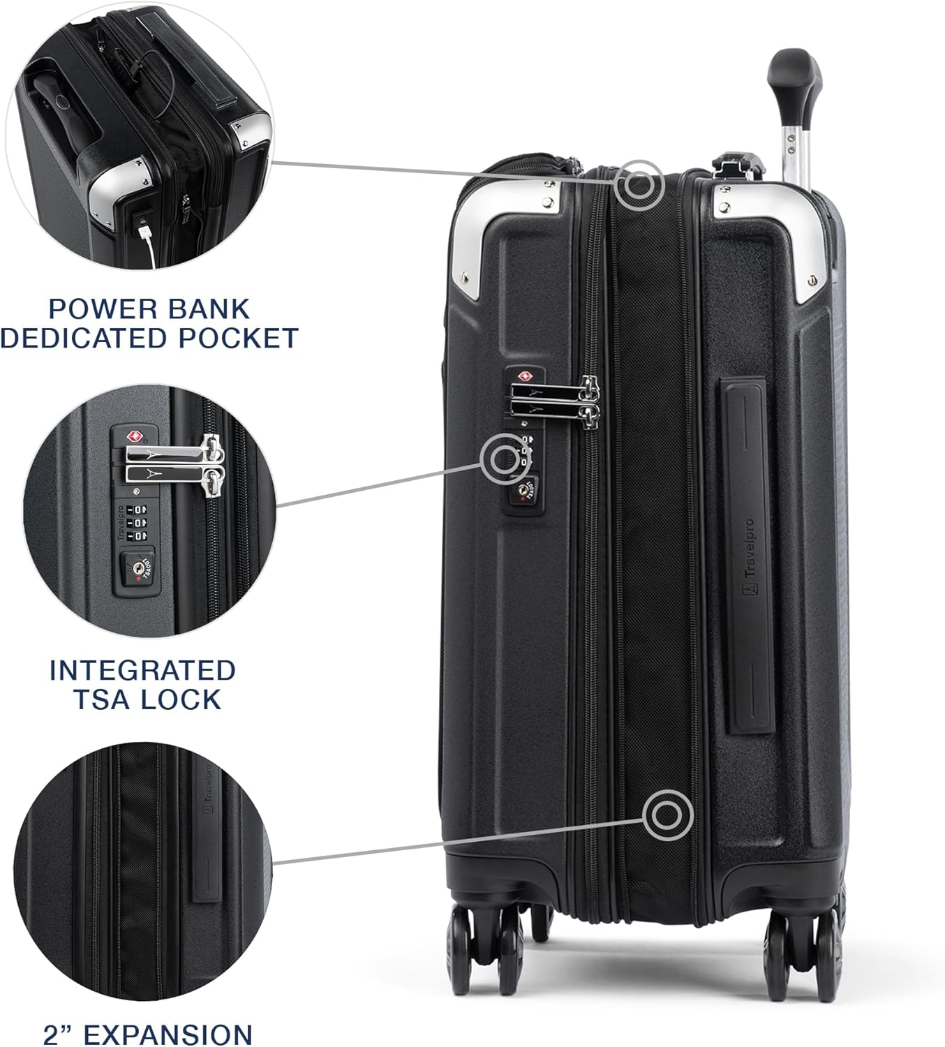 Travelpro Platinum Elite Hardside Expandable Carry on Luggage, 8 Wheel Spinner, TSA Lock, Hard Shell Polycarbonate Suitcase, Shadow Black, Compact Carry on Laptop Pocket 20-Inch