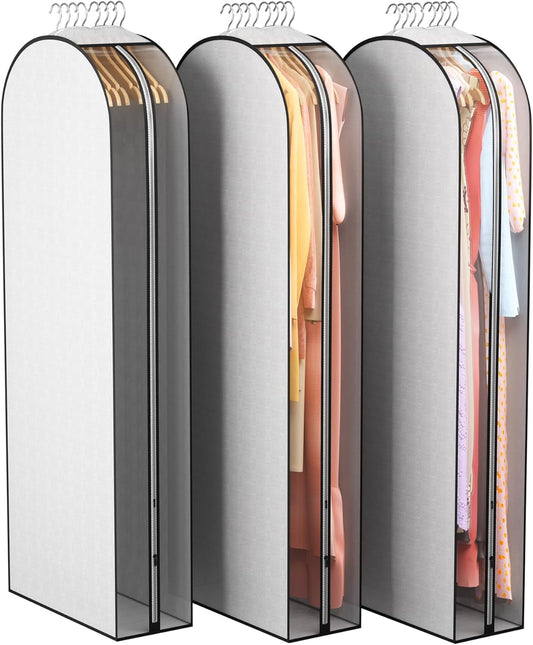 10" Gusseted Garment Bags for Hanging Clothes 60" Suit Bags for Open Closet Storage, Side Clear Clothing Cover for Coat, Dress, Jacket, Shirt, Fur Wardrobe Protector, 3 Packs, Grey