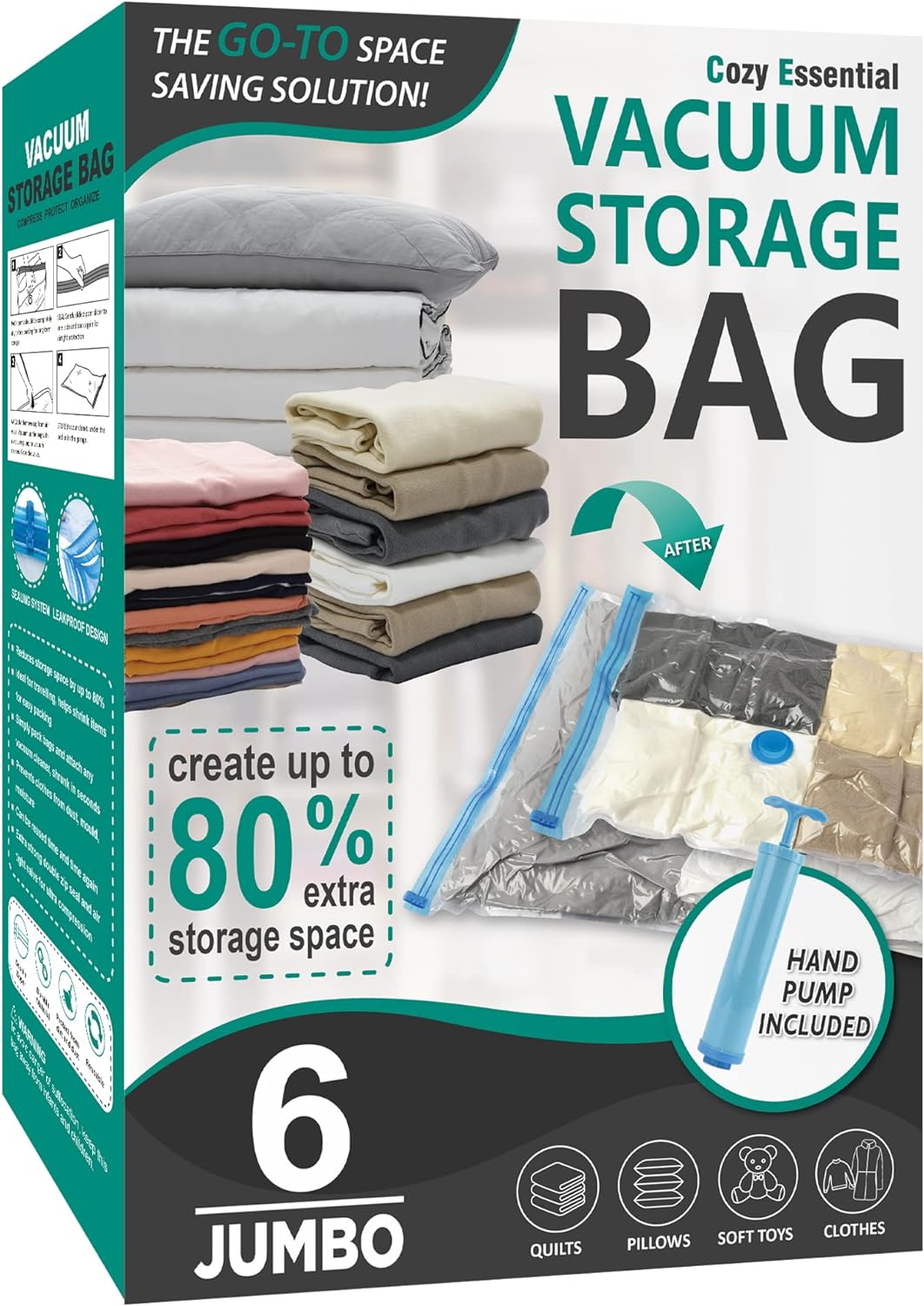 6 Jumbo Vacuum Storage Bags, Space Saver Bags Compression Storage Bags for Comforters and Blankets, Vacuum Sealer Bags for Clothes Storage, Hand Pump Included