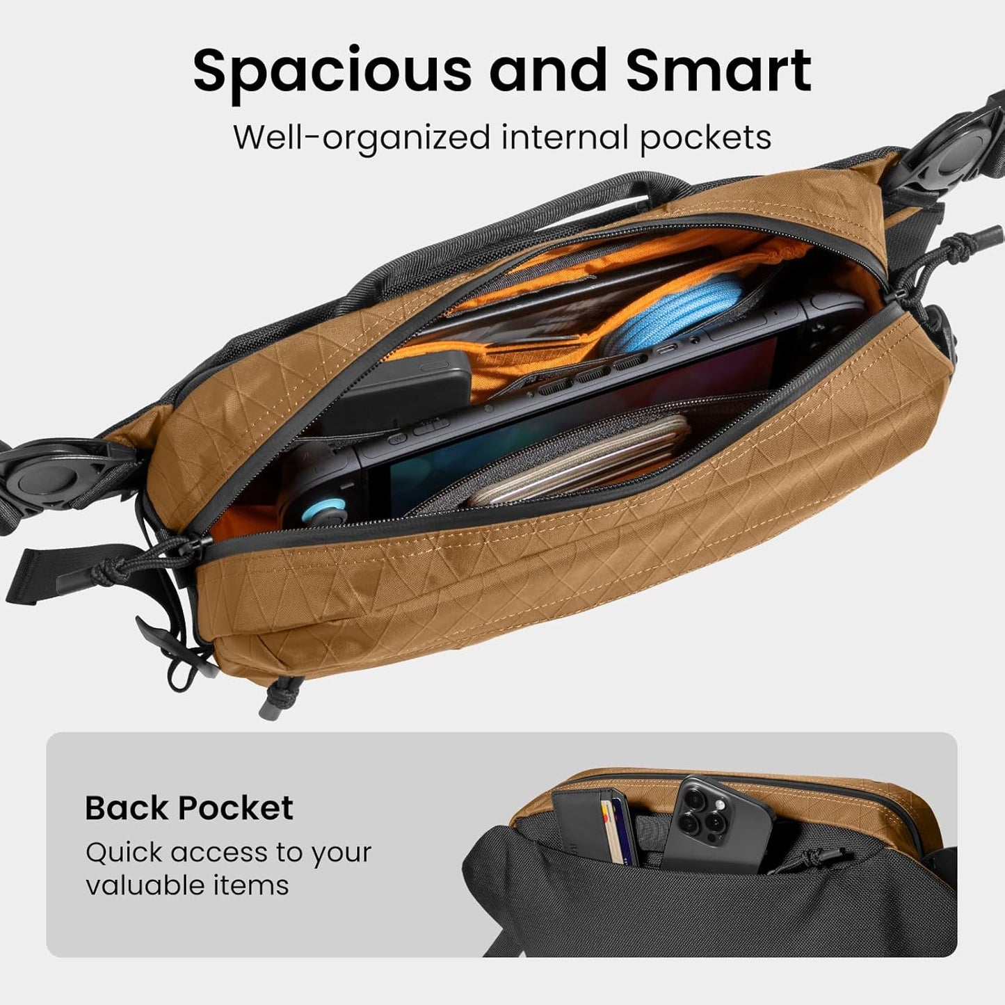 tomtoc 5.5L X-Pac Sling Bag for Nintendo Switch 2, Heavy Duty Crossbody Bag for Men, Water-resistant Carry Chest Daypack Travel Shoulder Pack for Steam Deck OLED, ROG Ally X, iPad mini, Tactical