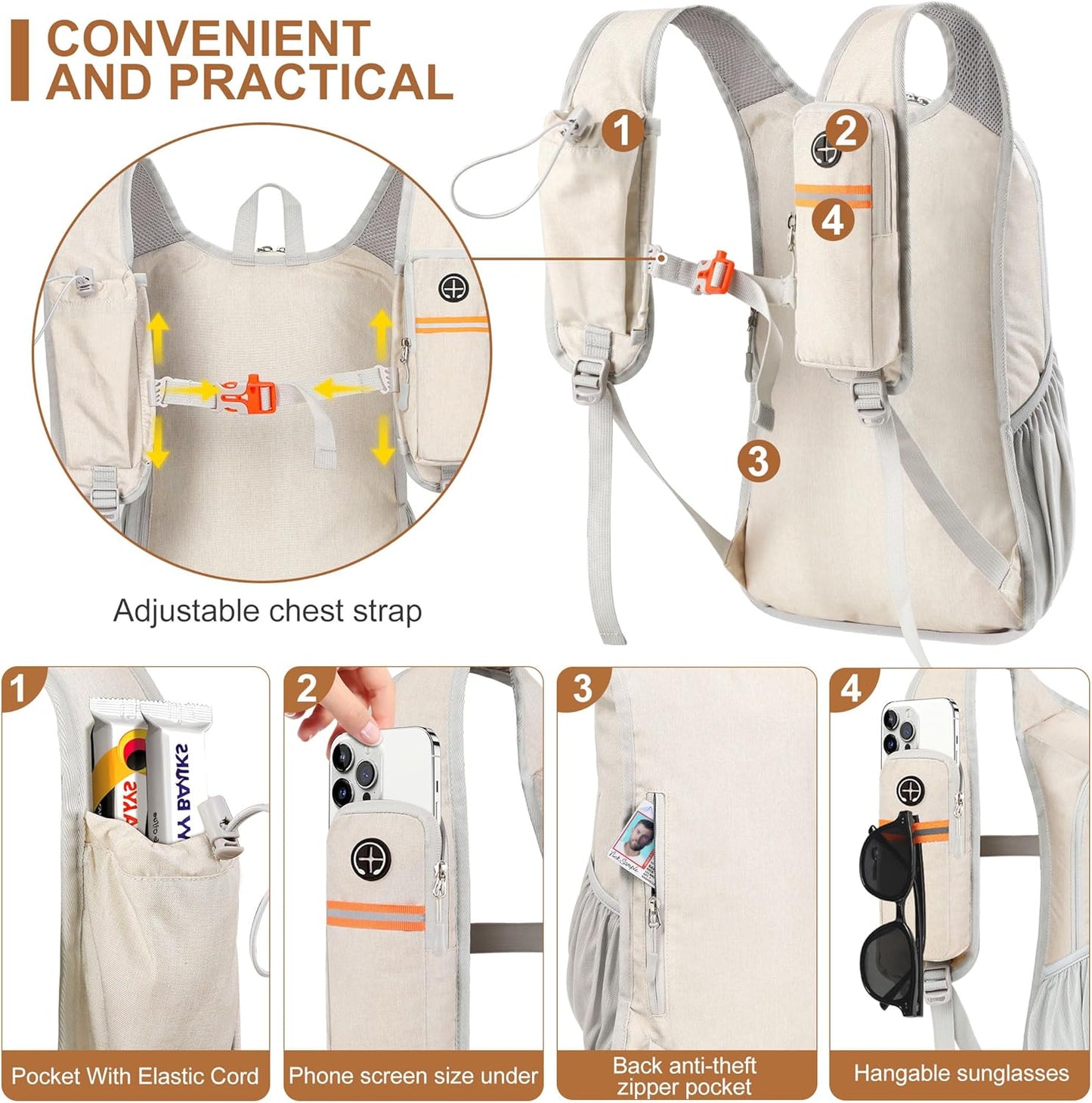 15L Small Hiking Backpack for Men Women Foldable Packable Back Pack Ultralight Hiking Daypack for Travel Camping Outdoor, Beige