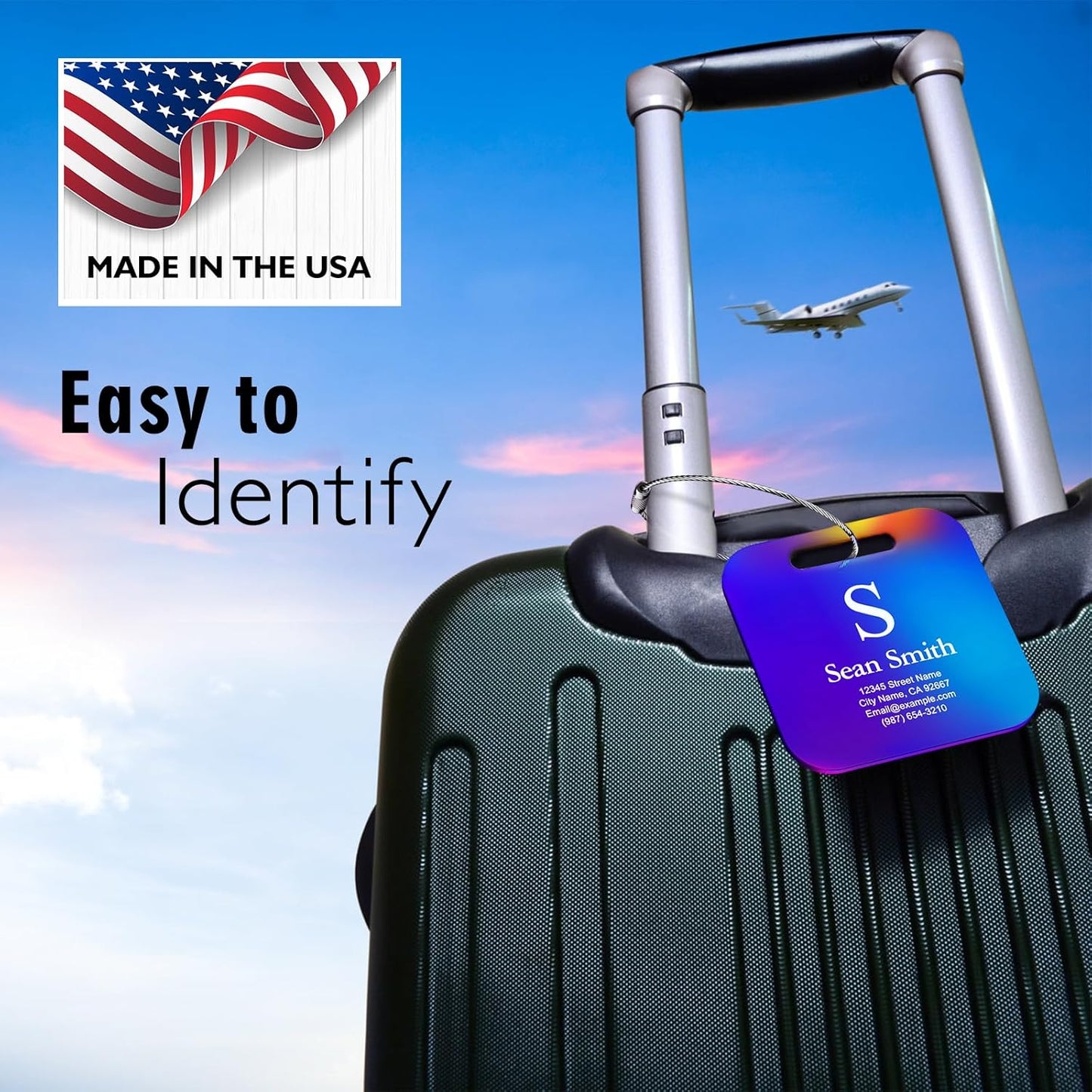 Personalized Engraved Metal Luggage Tags for Suitcase - Custom Name Tags, 10 Pack, Black, Matte Finish, 2x2 inches