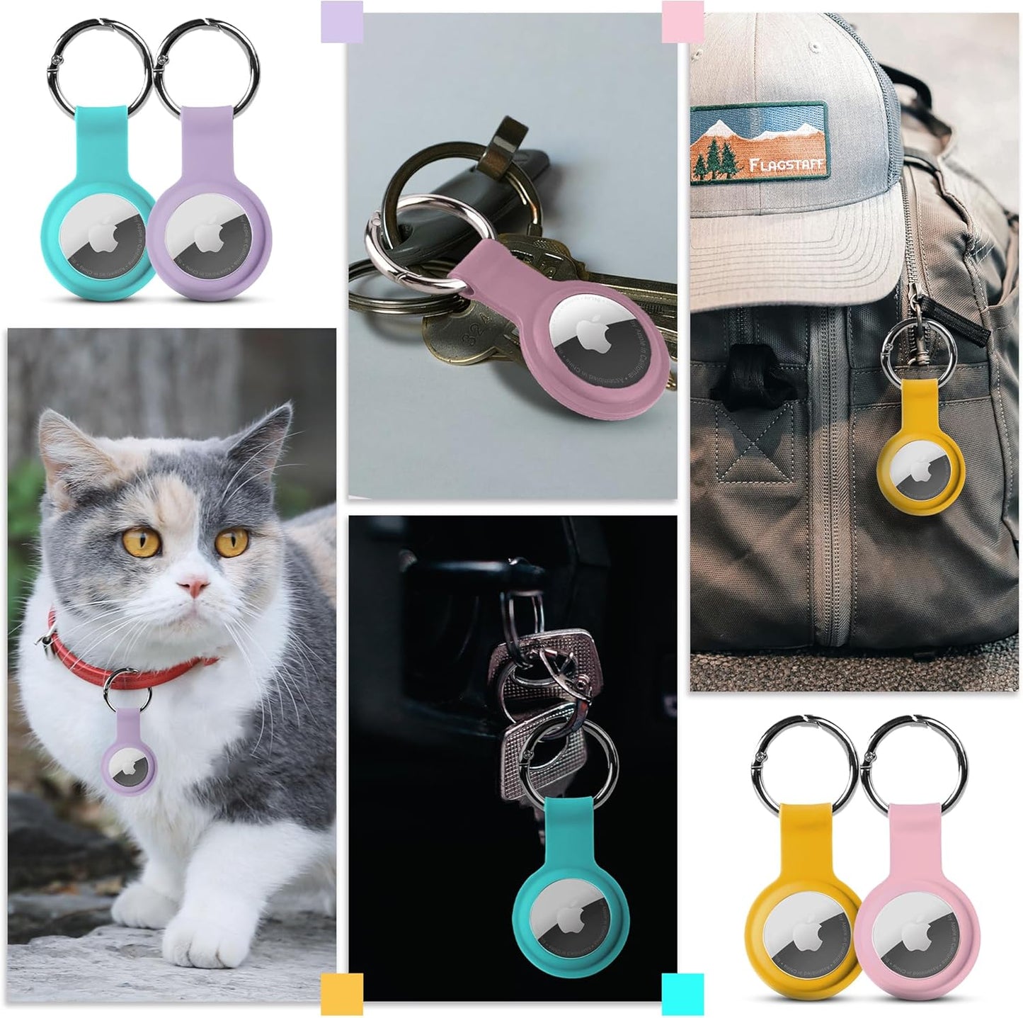 Apple AirTag Holders 4 Pack, Dustproof & Washable Cases, Silicon Covers with Accessories for Wallets, Luggage, Pet Collars, Key Finders (Teal - Purple - Yellow - Pink)