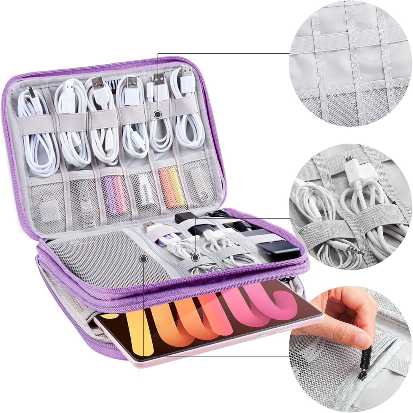 Electronics Organizer - Travel Cable Organizer Bag, Water Resistant Double Layers Pouch for Cord, iPhone, iPad Mini - Gift for Men Electronic Accessories Storage Case with 5 Cable Ties, Purple