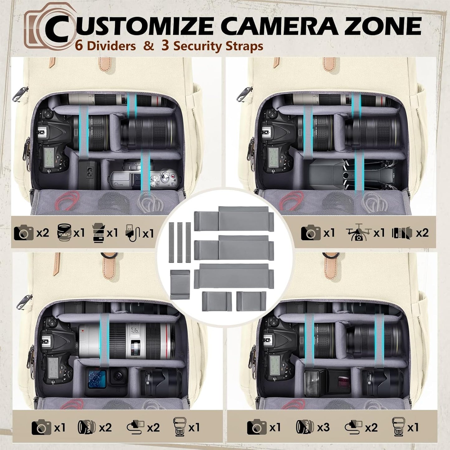 RAINSMORE Camera Bag Backpack for DSLR/SLR Mirrorless 15.6 Inch Laptop Camera Back Pack for Photographers Anti-Theft Photography Bags Case with Tripod Holder & Rain Cover, Beige