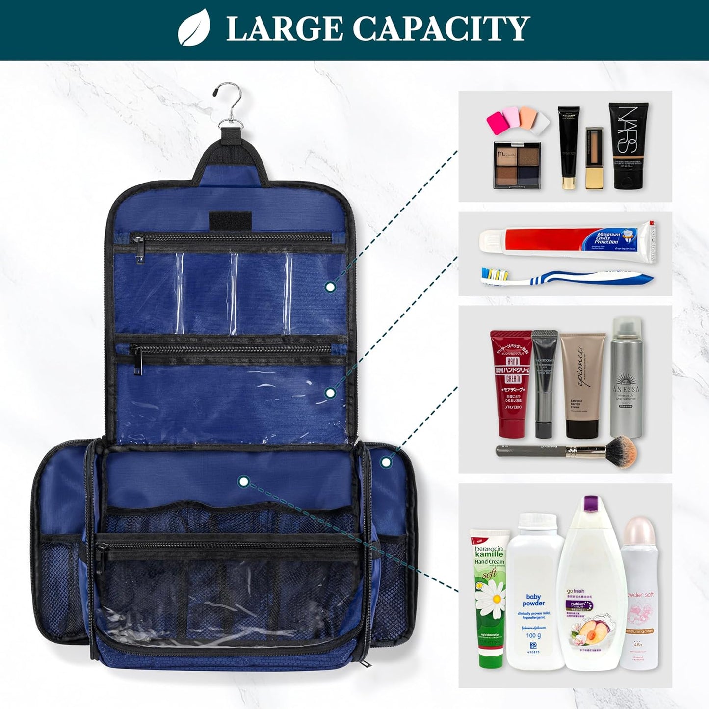 PAVILIA Large Hanging Toiletry Bag Travel Bag Women Men, Cosmetic Organizer, Water Resistant Makeup Bag Accessories Toiletries, Travel Essentials Kit, Royal Blue